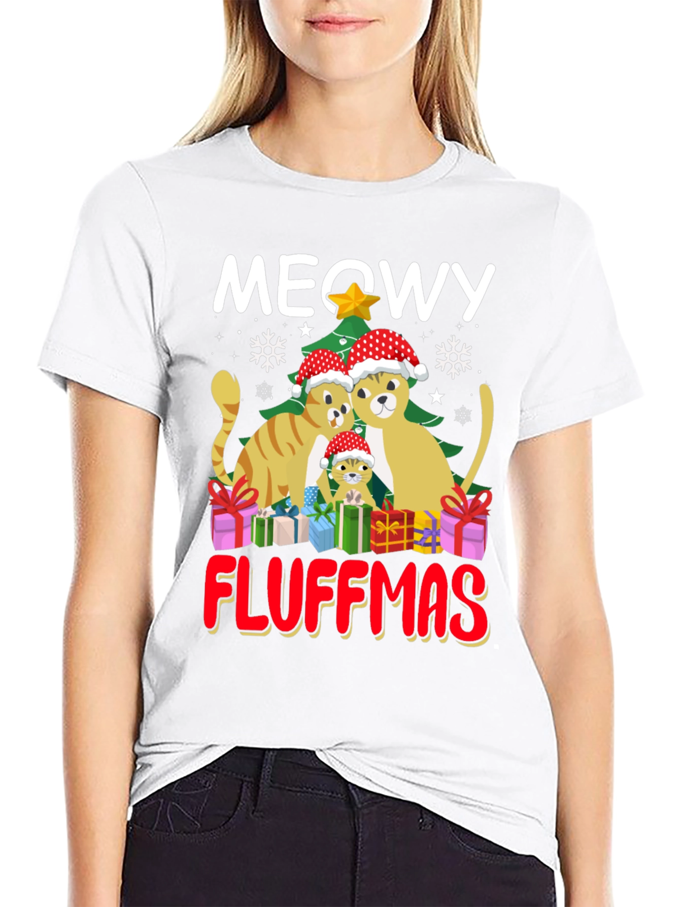 Meowy Fluffmas Cat Christmas Graphic Tee