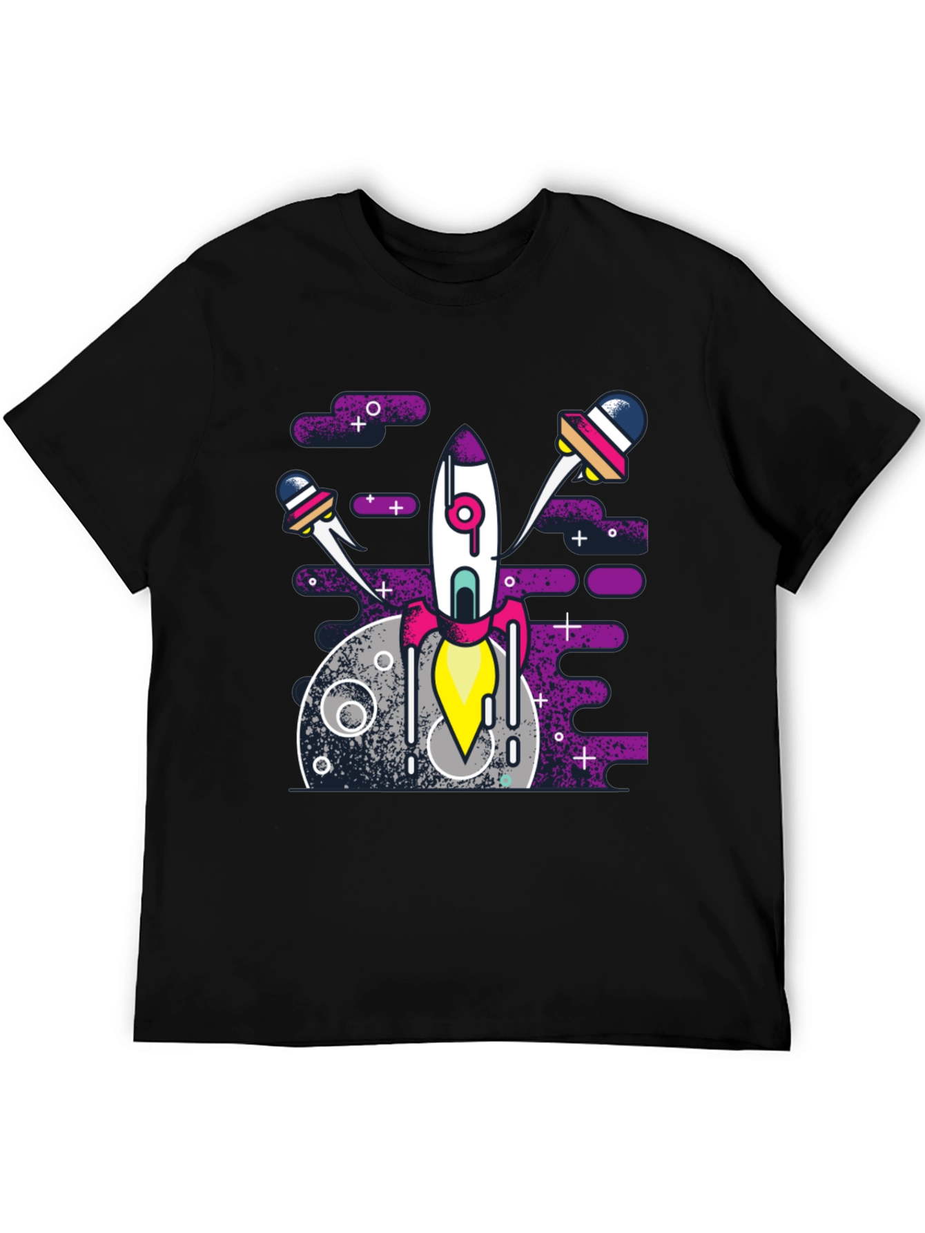 Space Rocket Graphic Tee - Black Cotton Blend Shirt