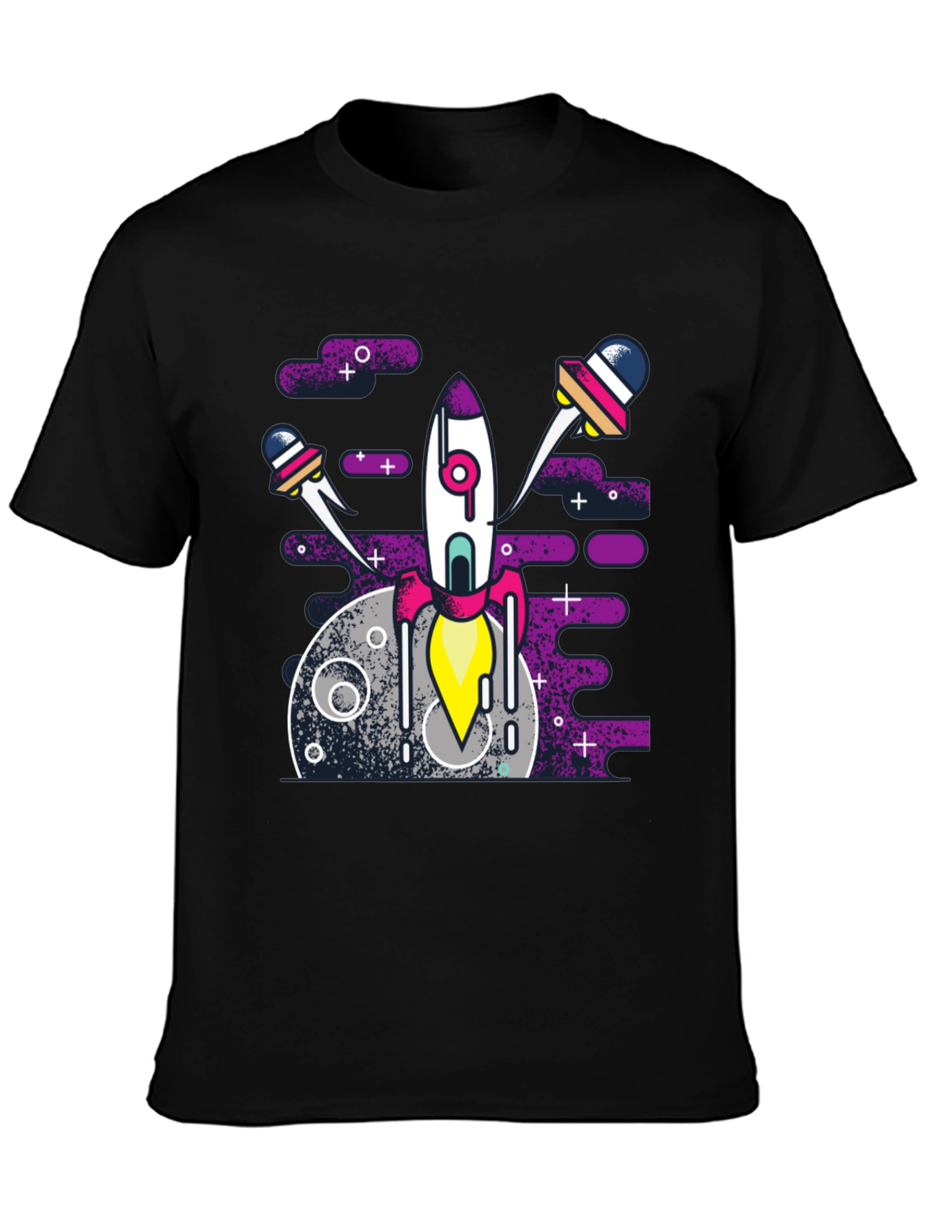 Space Rocket Graphic Tee - Black Cotton Blend Shirt