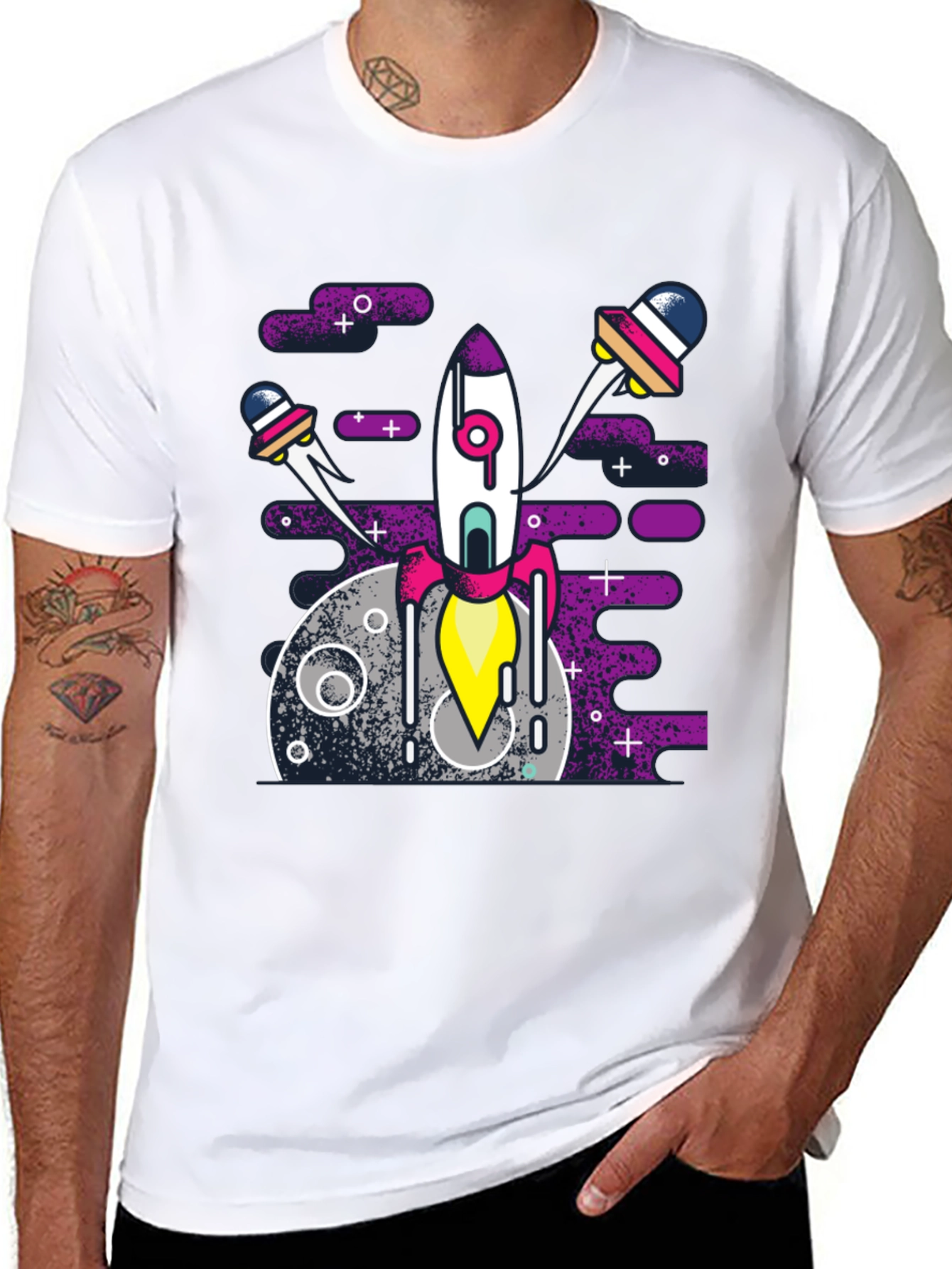Space Rocket Graphic Tee - Black Cotton Blend Shirt