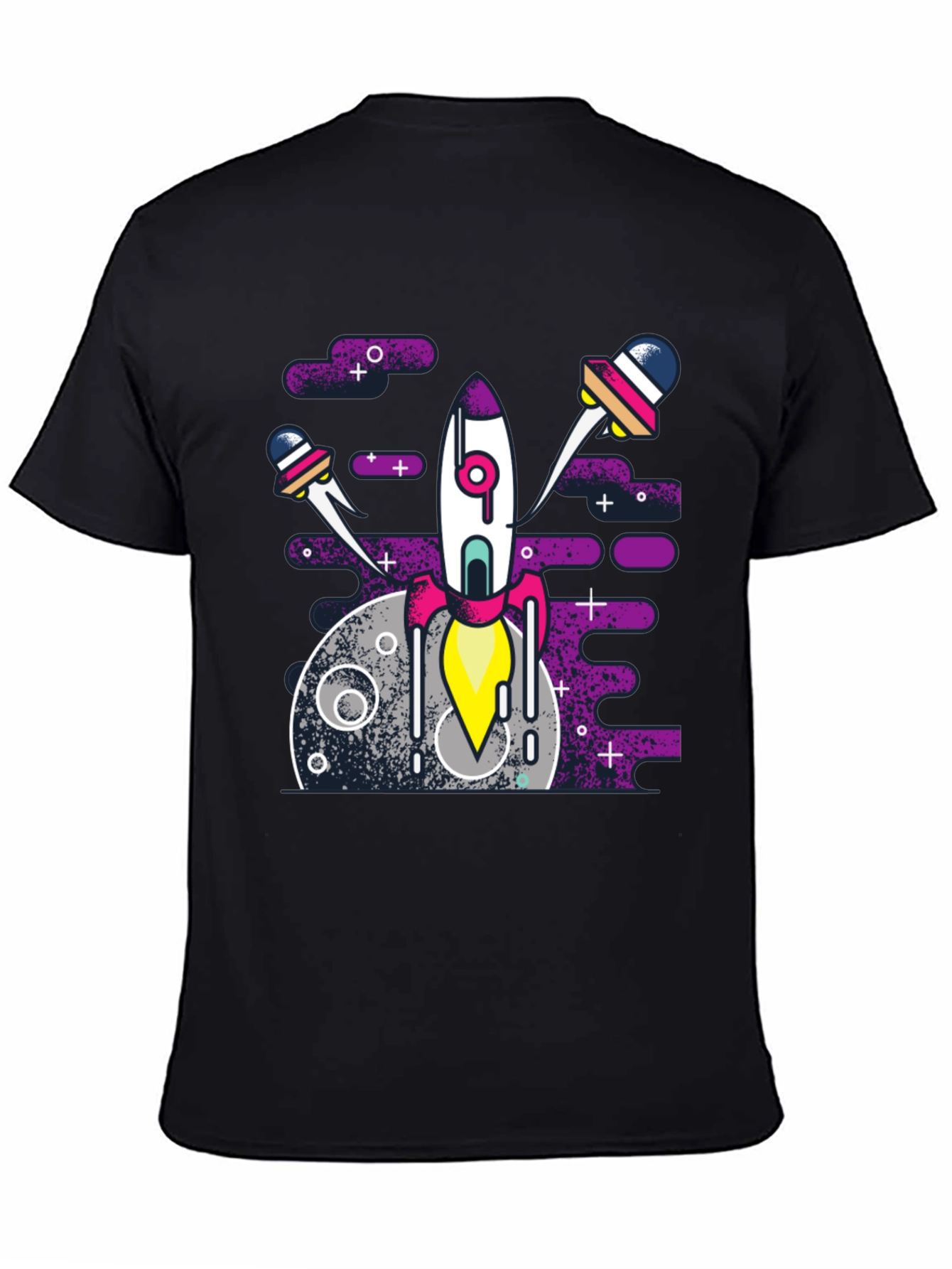 Space Rocket Graphic Tee - Black Cotton Blend Shirt