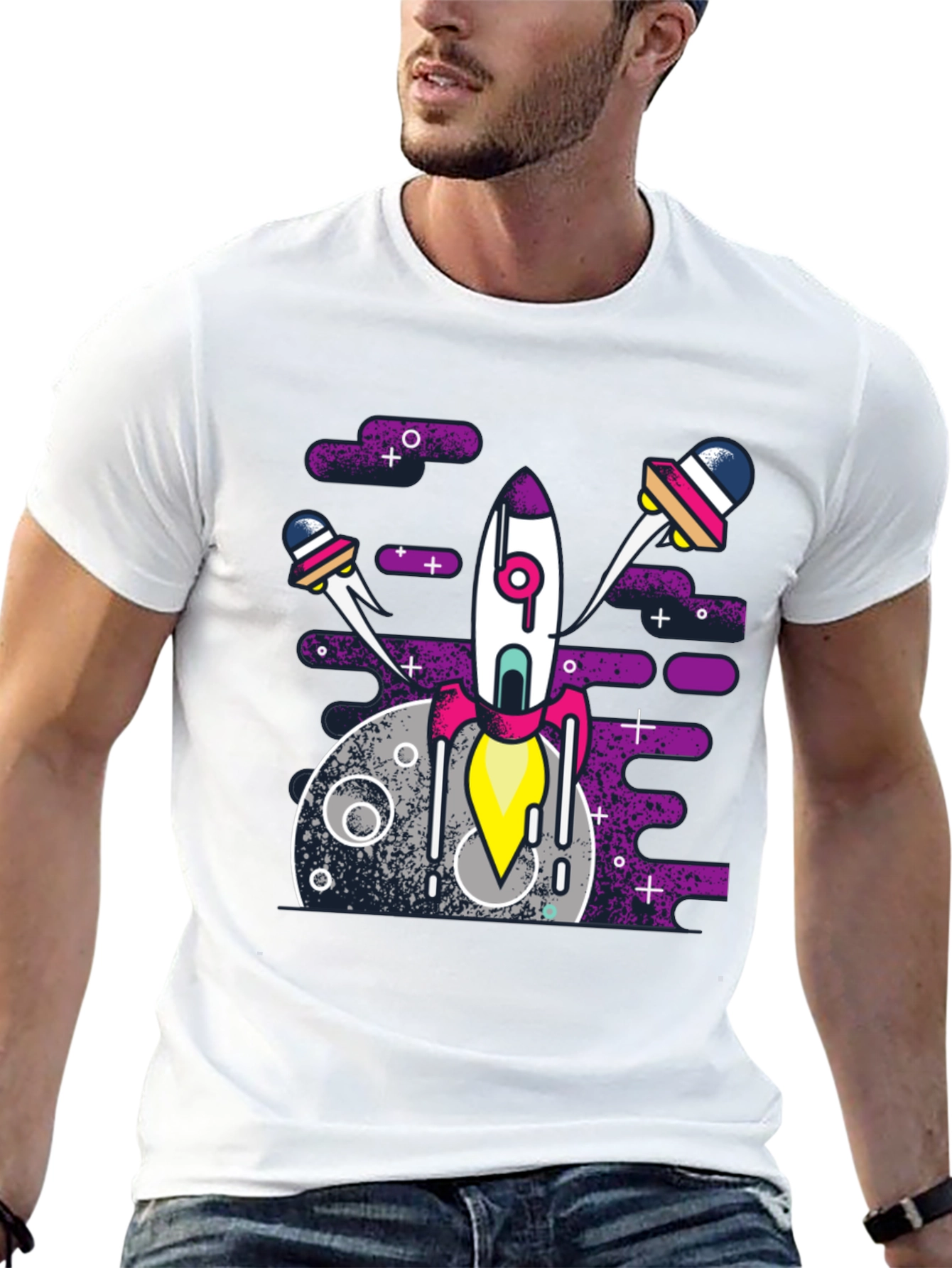 Space Rocket Graphic Tee - Black Cotton Blend Shirt