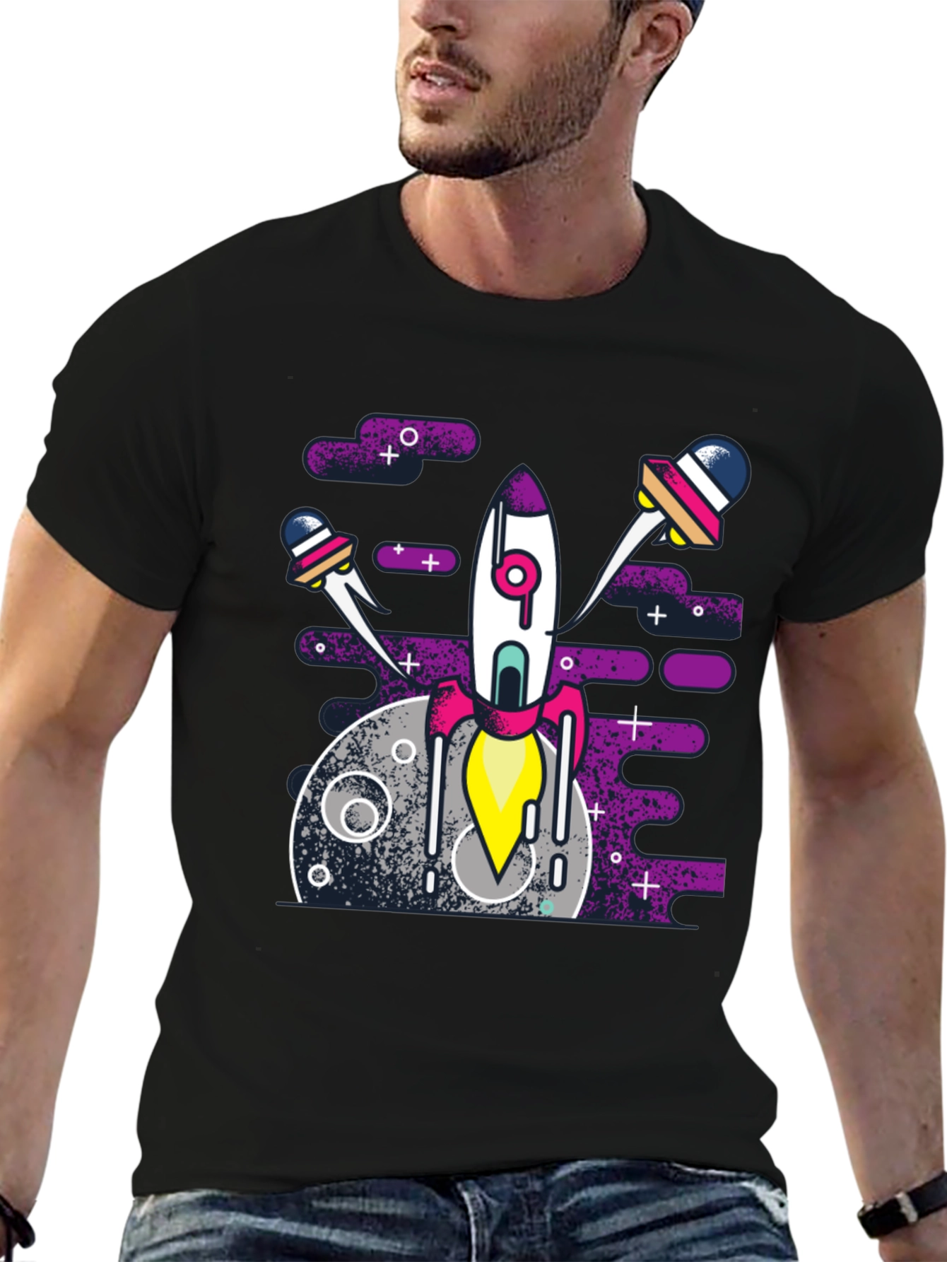 Space Rocket Graphic Tee - Black Cotton Blend Shirt