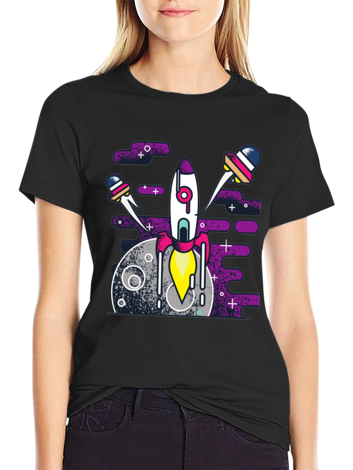 Space Rocket Graphic Tee - Black Cotton Blend Shirt