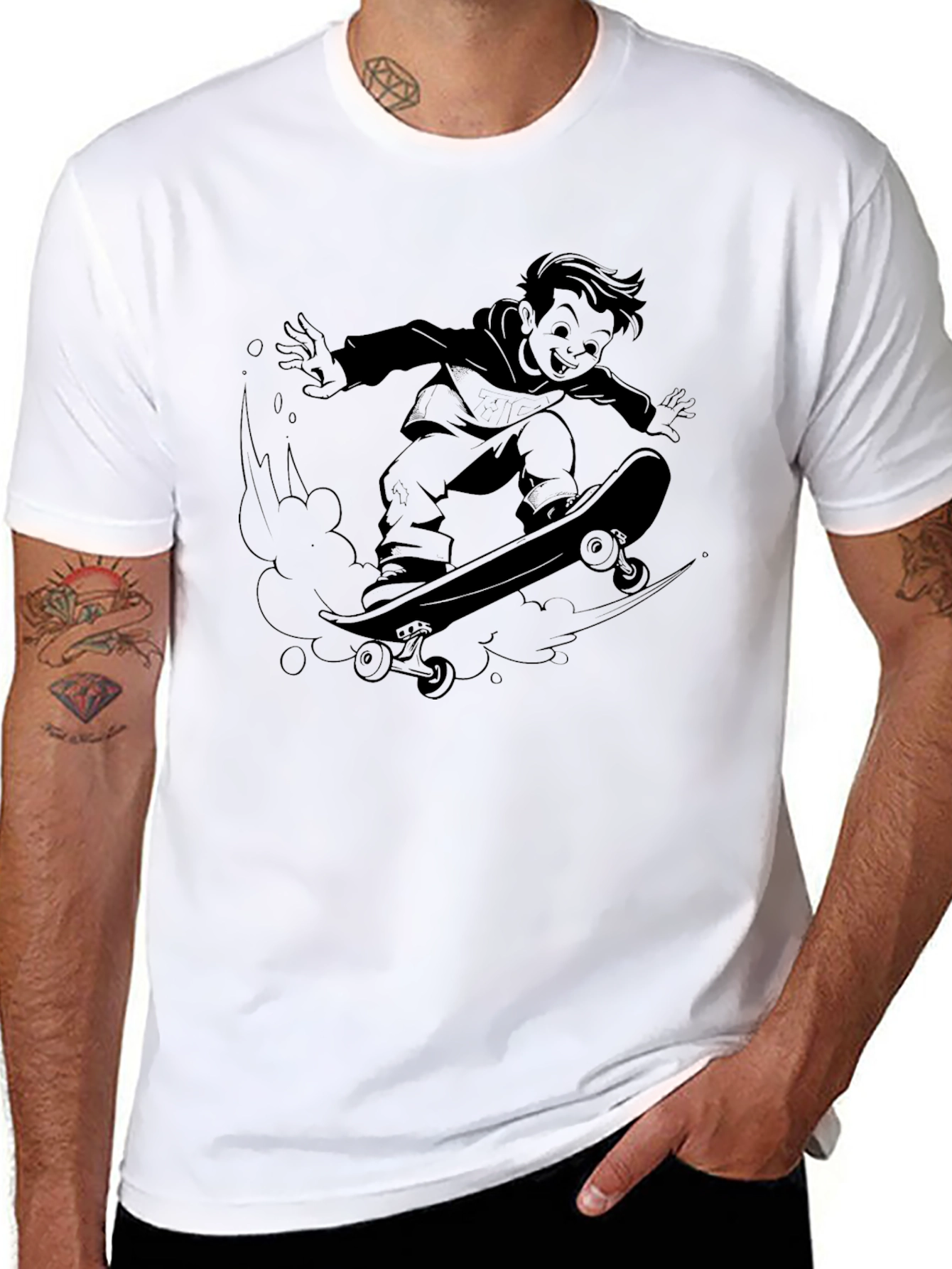 Cool Skater Boy Graphic T-Shirt - Black
