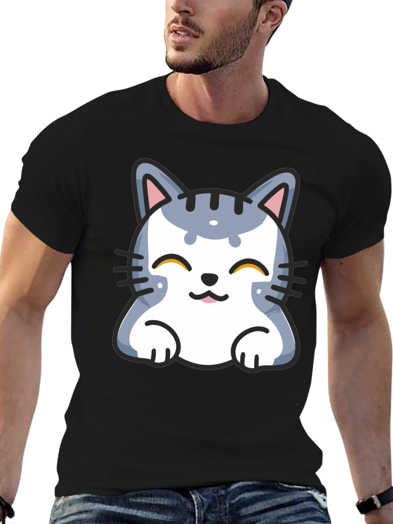 Cute Cartoon Cat T-Shirt - Black
