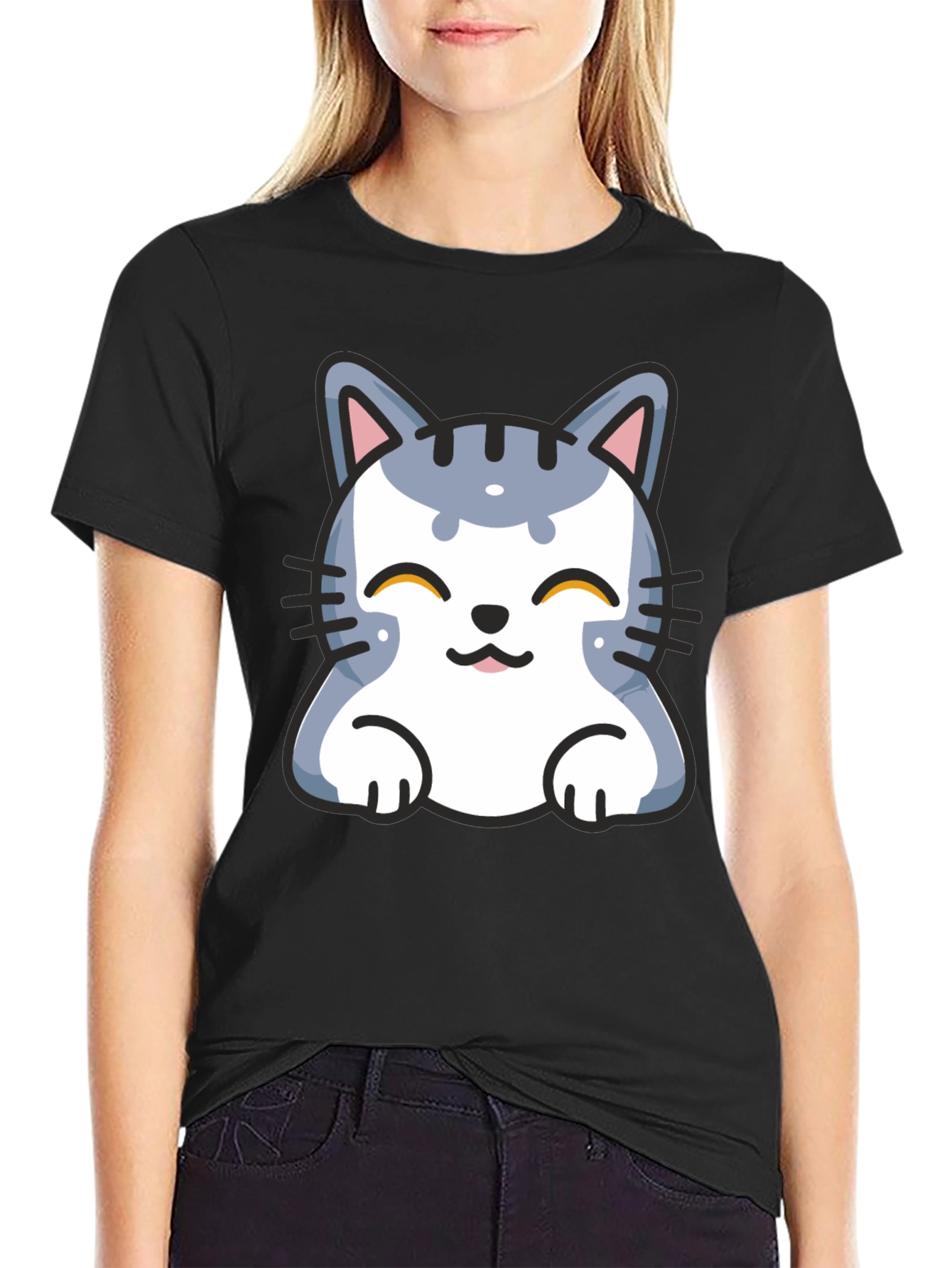 Cute Cartoon Cat T-Shirt - Black