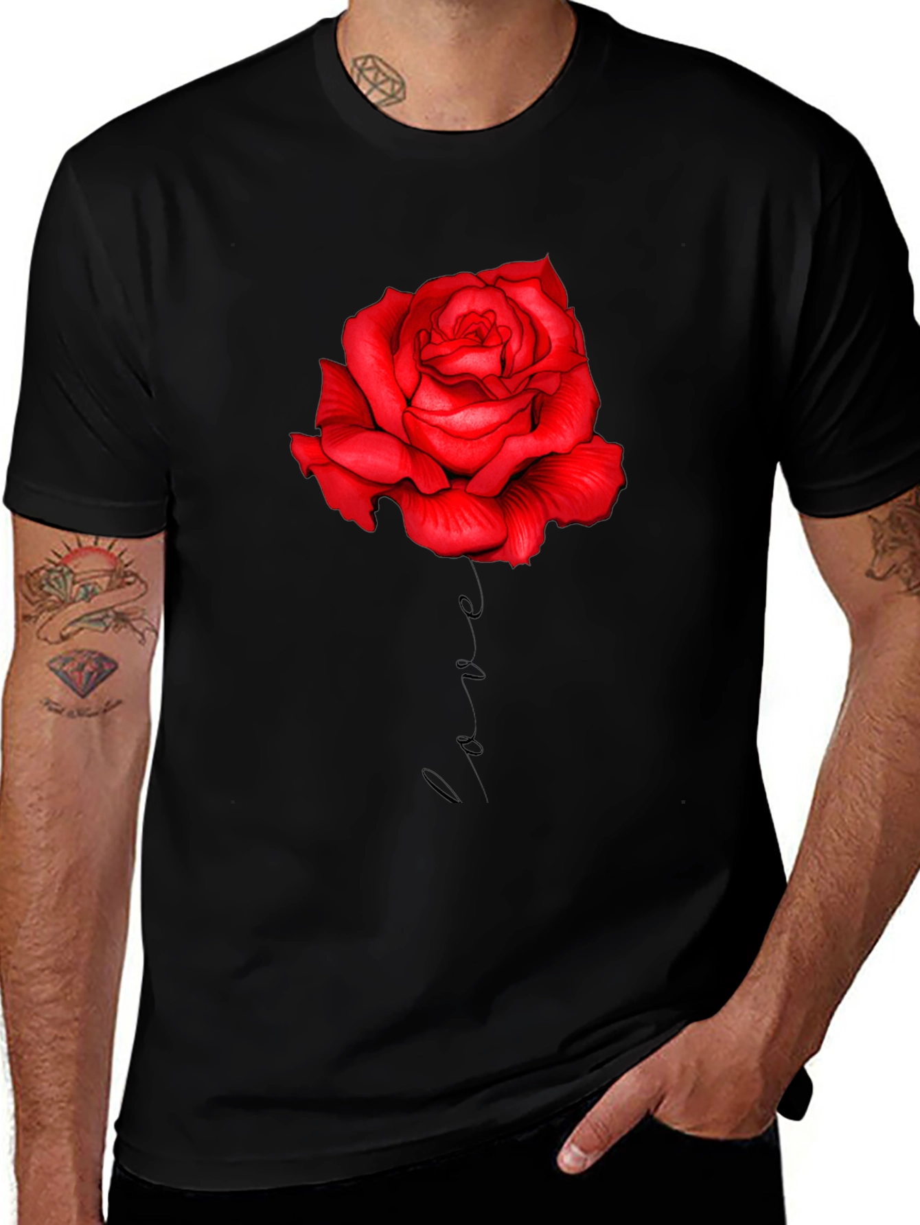 Red Rose Love Print Black T-Shirt