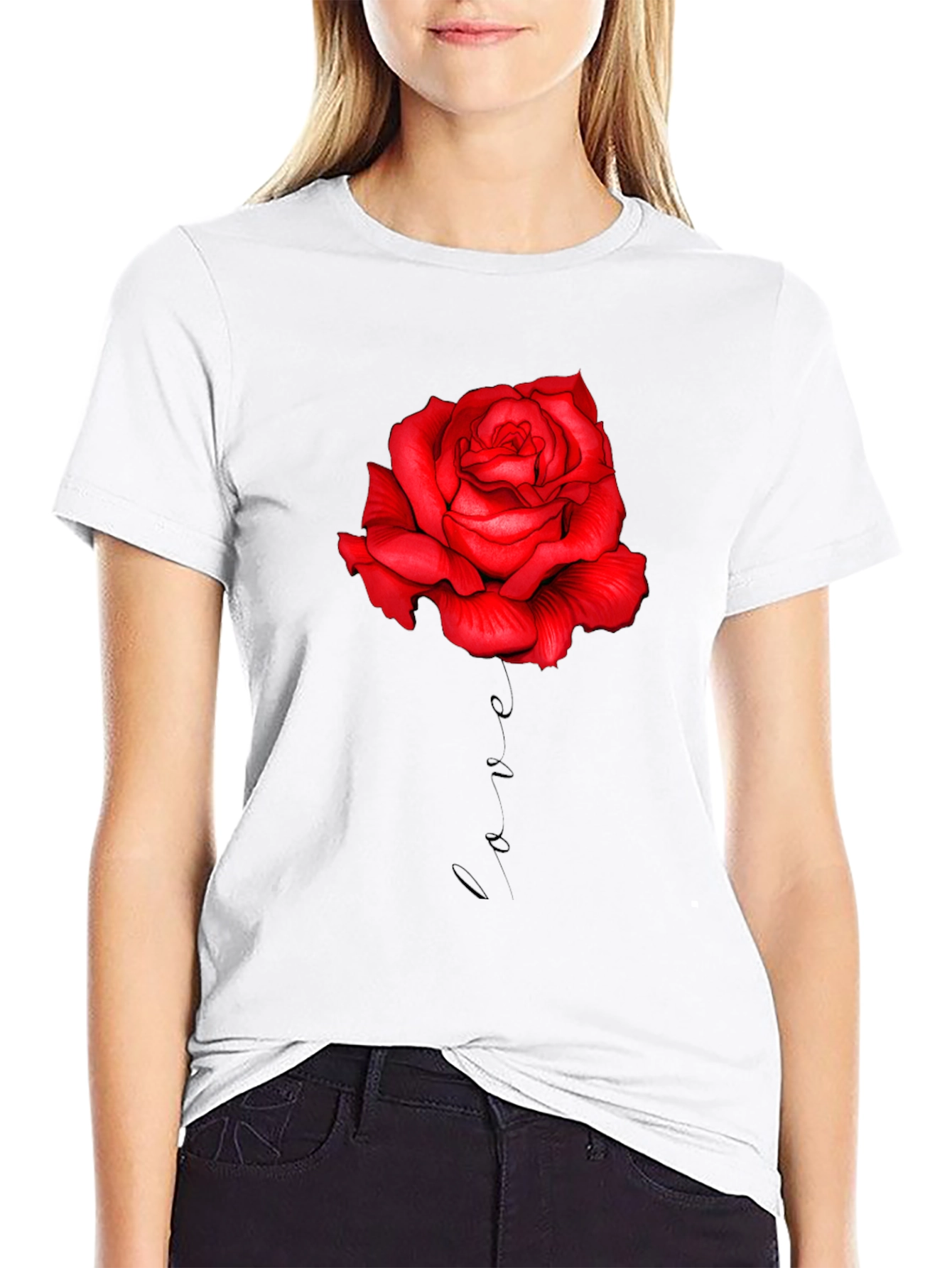 Red Rose Love Print Black T-Shirt
