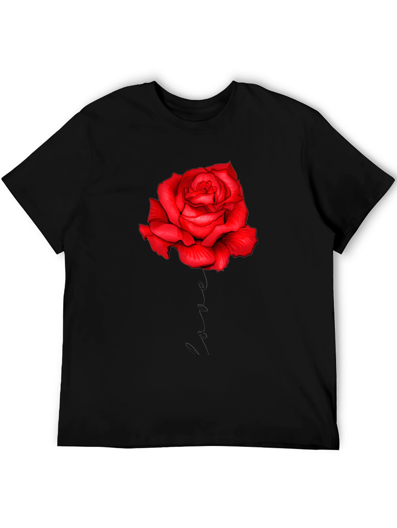 Red Rose Love Print Black T-Shirt