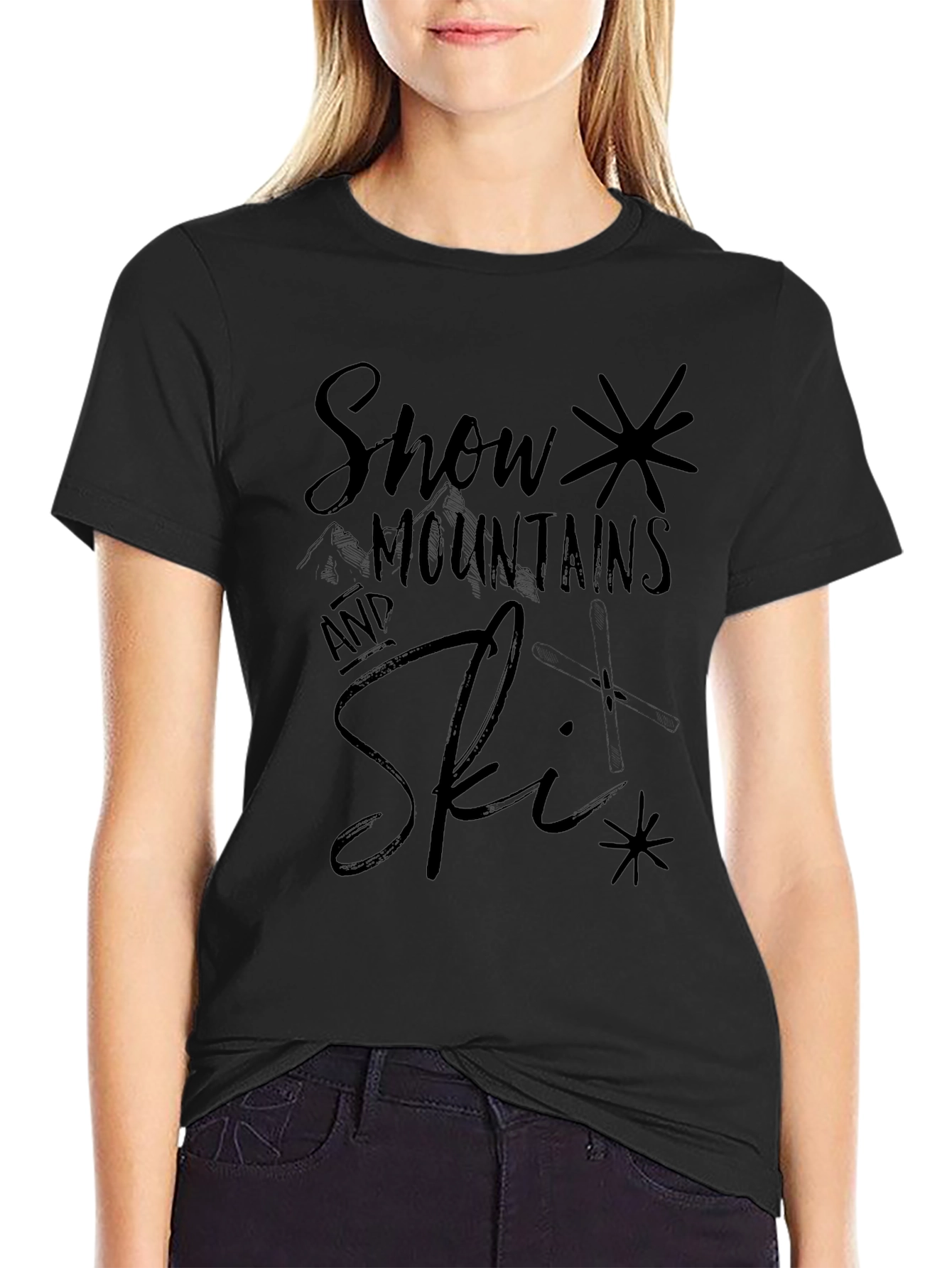 Snow Mountains and Ski Black Graphic Tee
