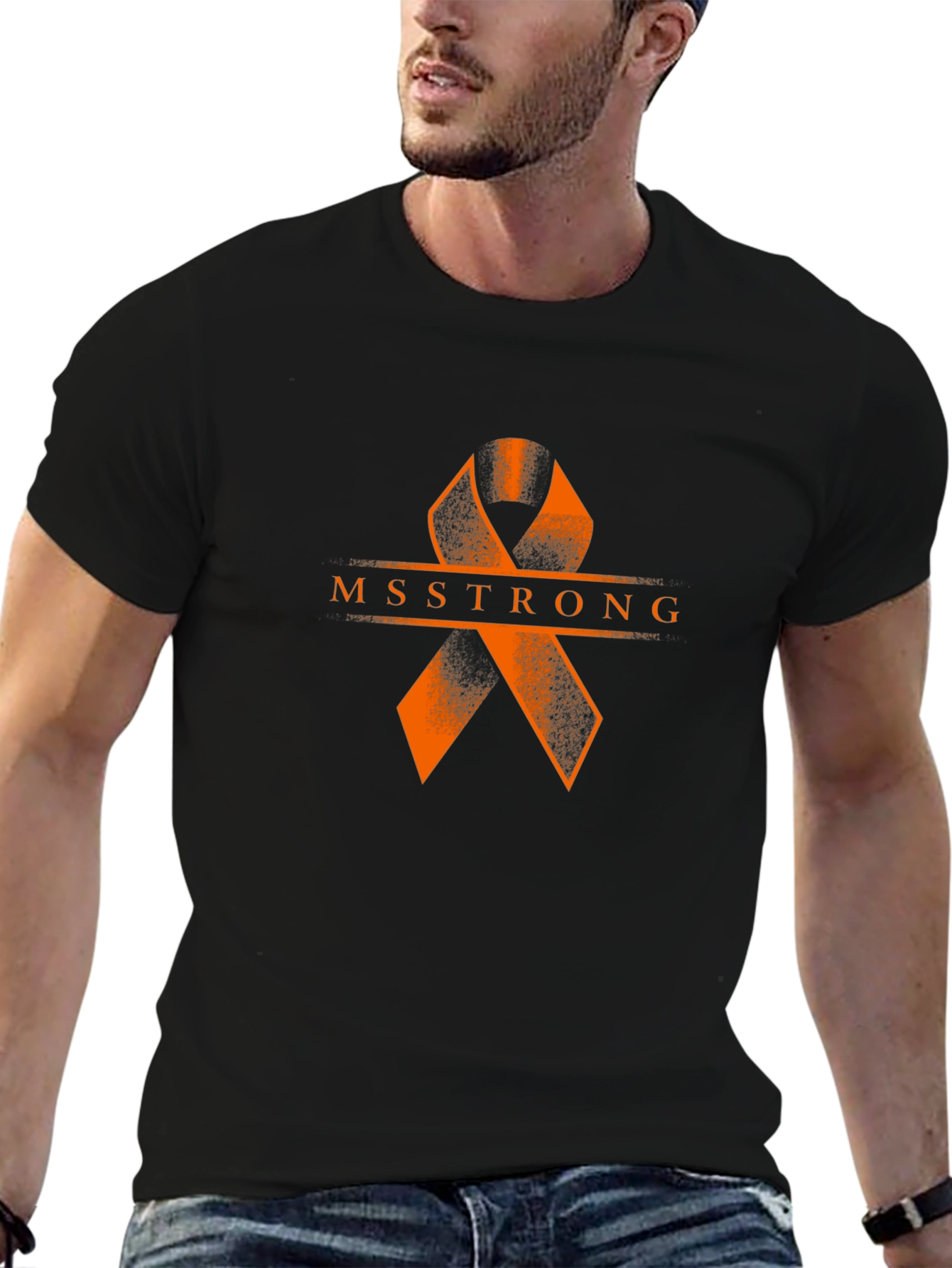 MS Strong Black Tee: Orange Ribbon Design