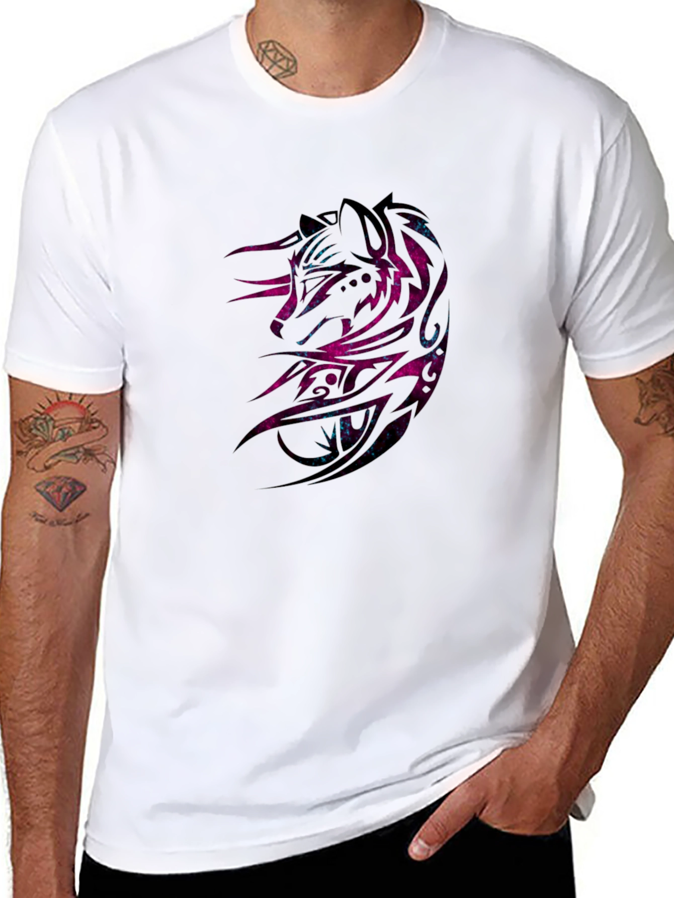 Galaxy Wolf Graphic Print Black T-Shirt