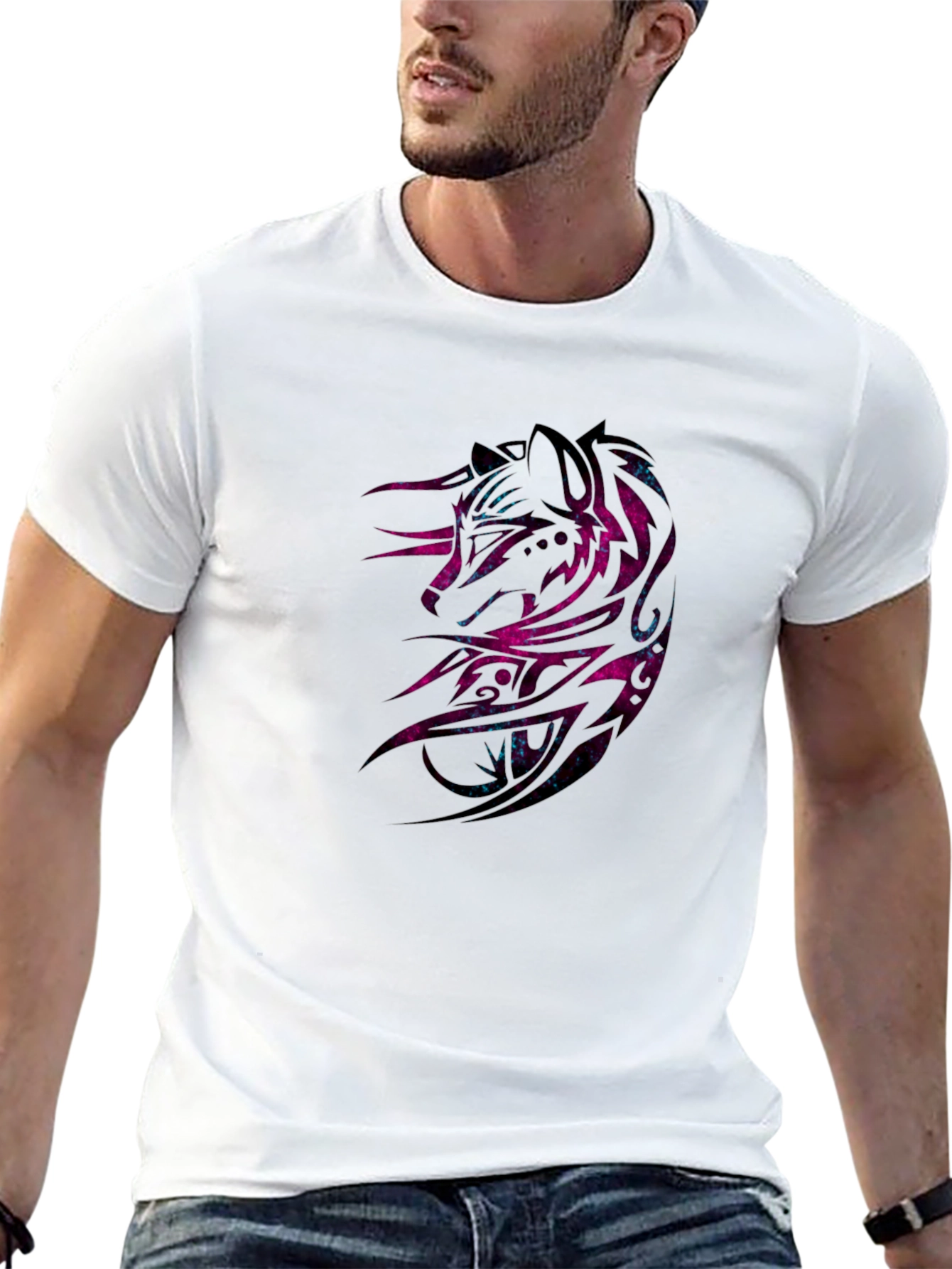 Galaxy Wolf Graphic Print Black T-Shirt