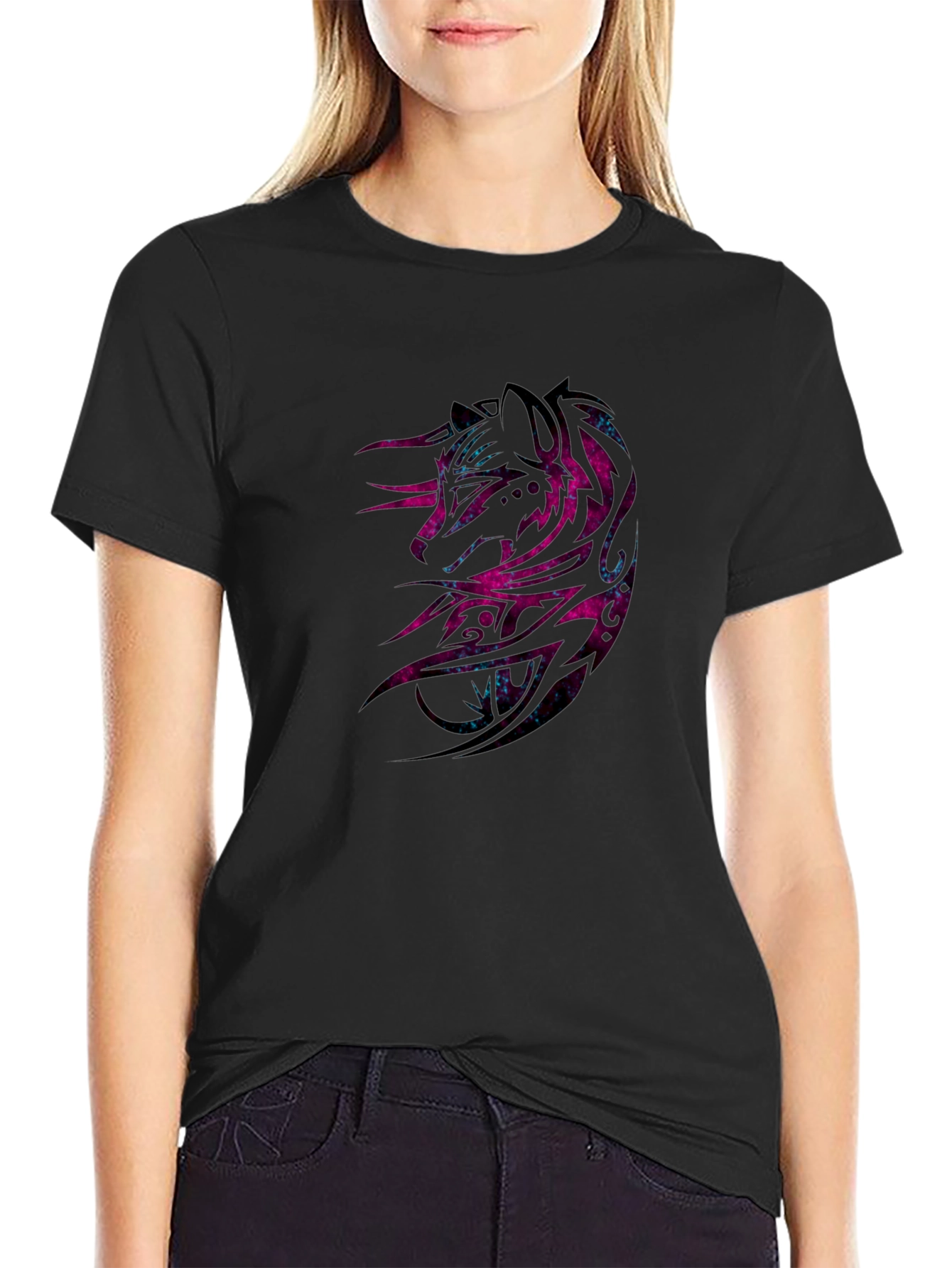 Galaxy Wolf Graphic Print Black T-Shirt