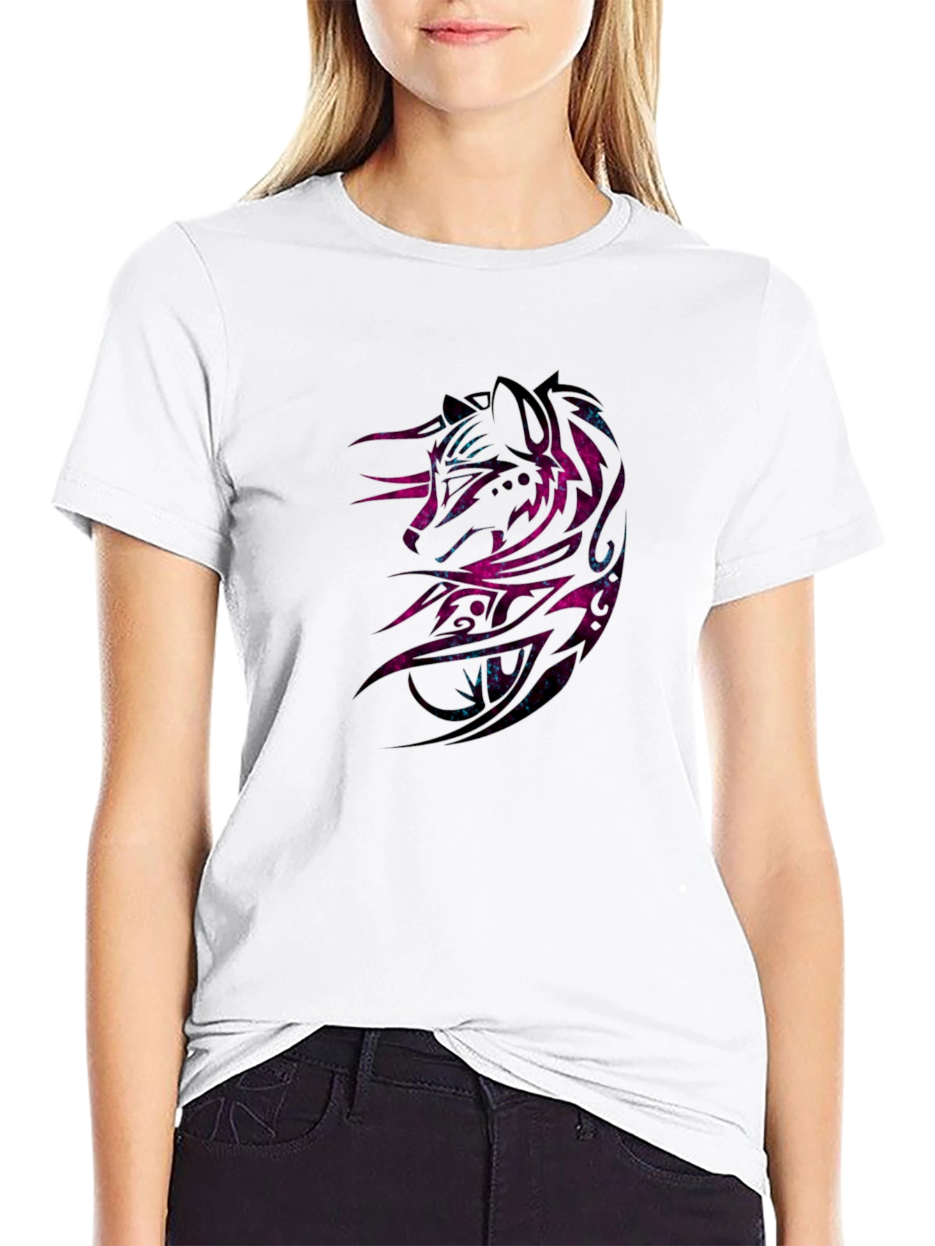 Galaxy Wolf Graphic Print Black T-Shirt