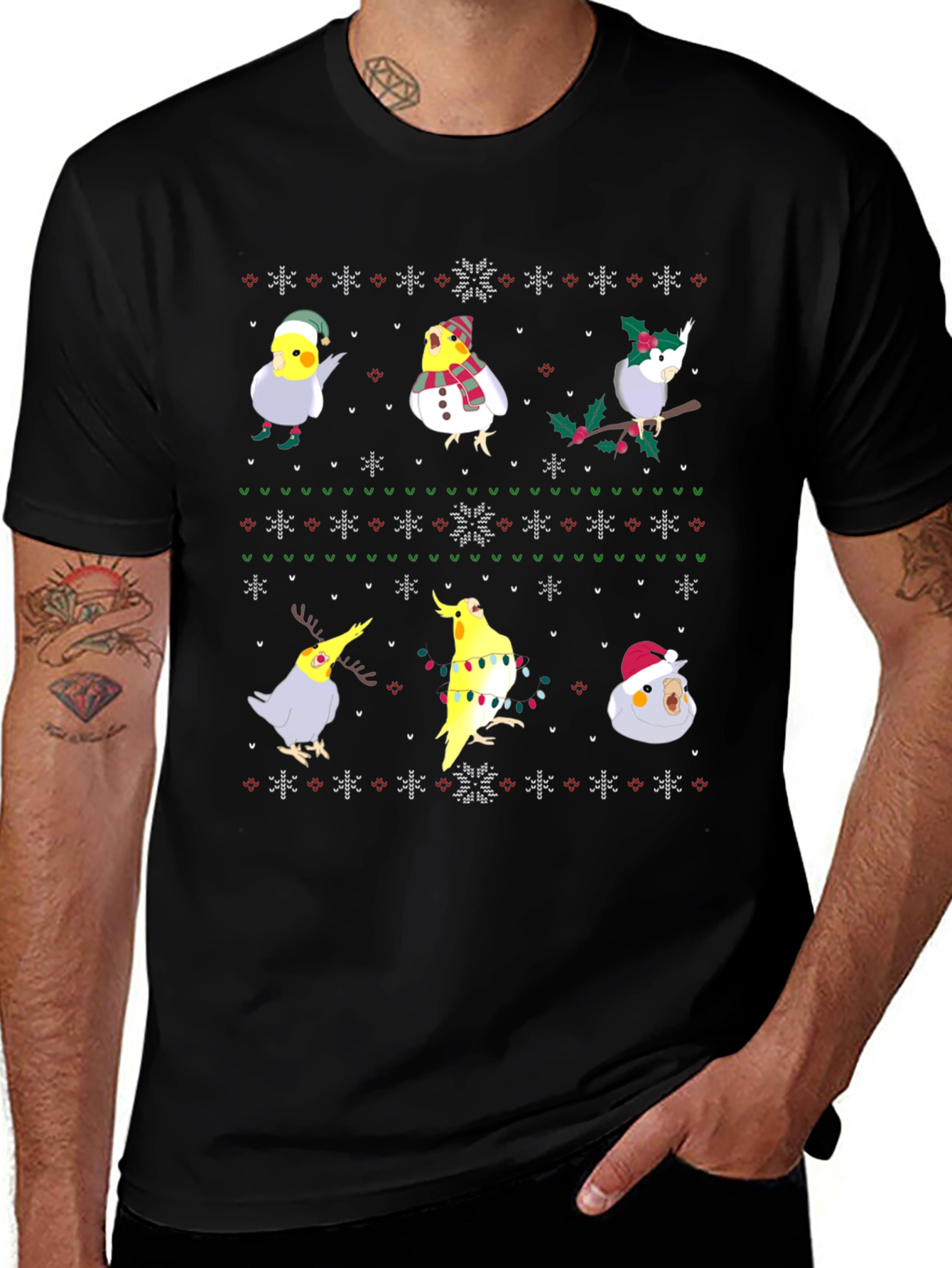 Festive Cockatiel Ugly Christmas Sweater Tee