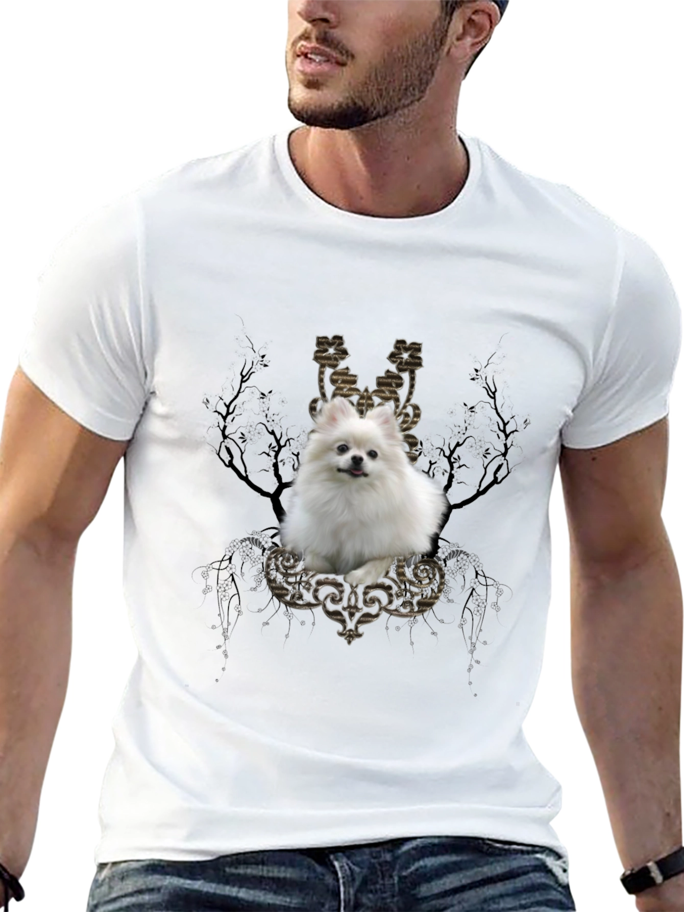 Dog Graphic Tee: Pomeranian in Baroque Frame