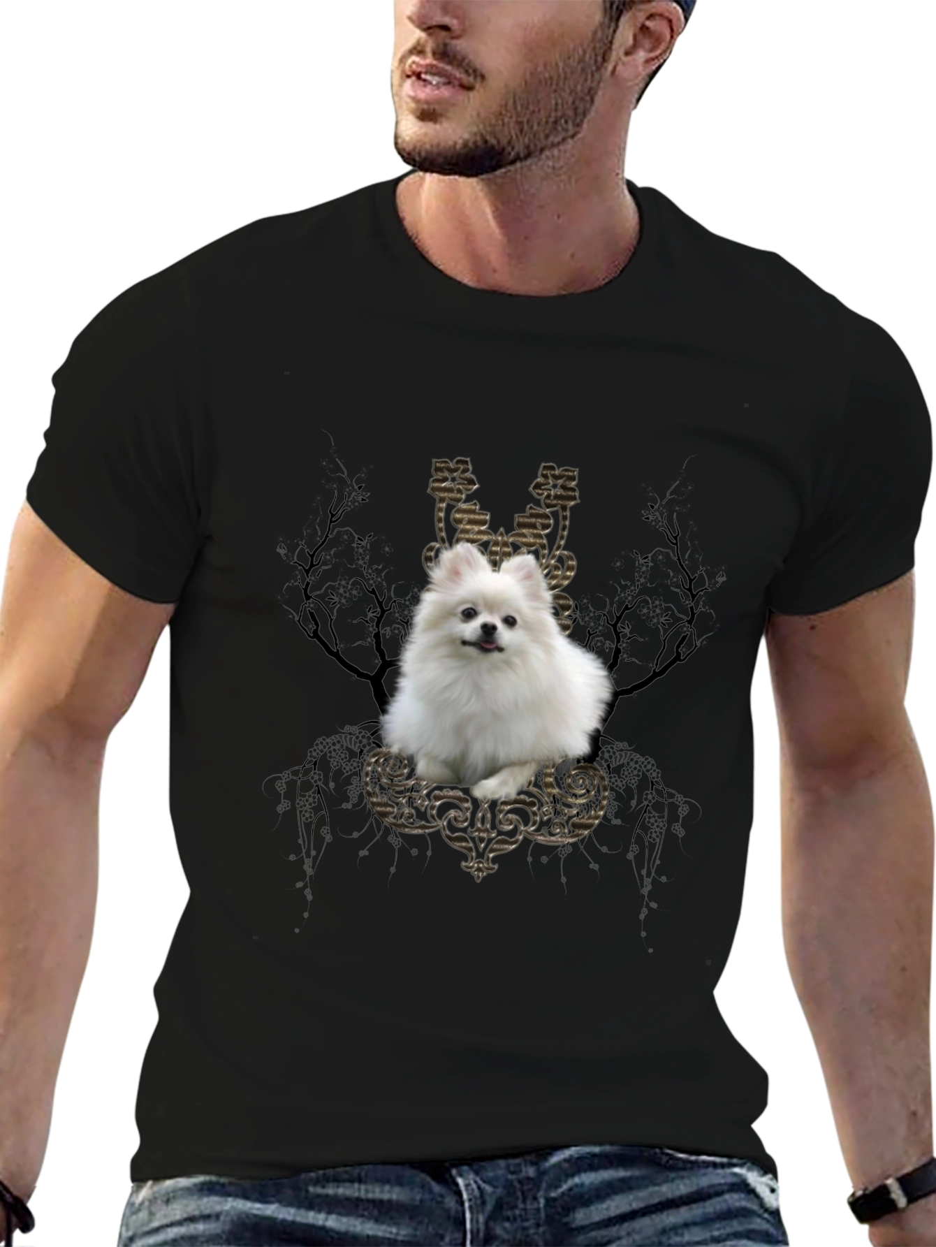 Dog Graphic Tee: Pomeranian in Baroque Frame