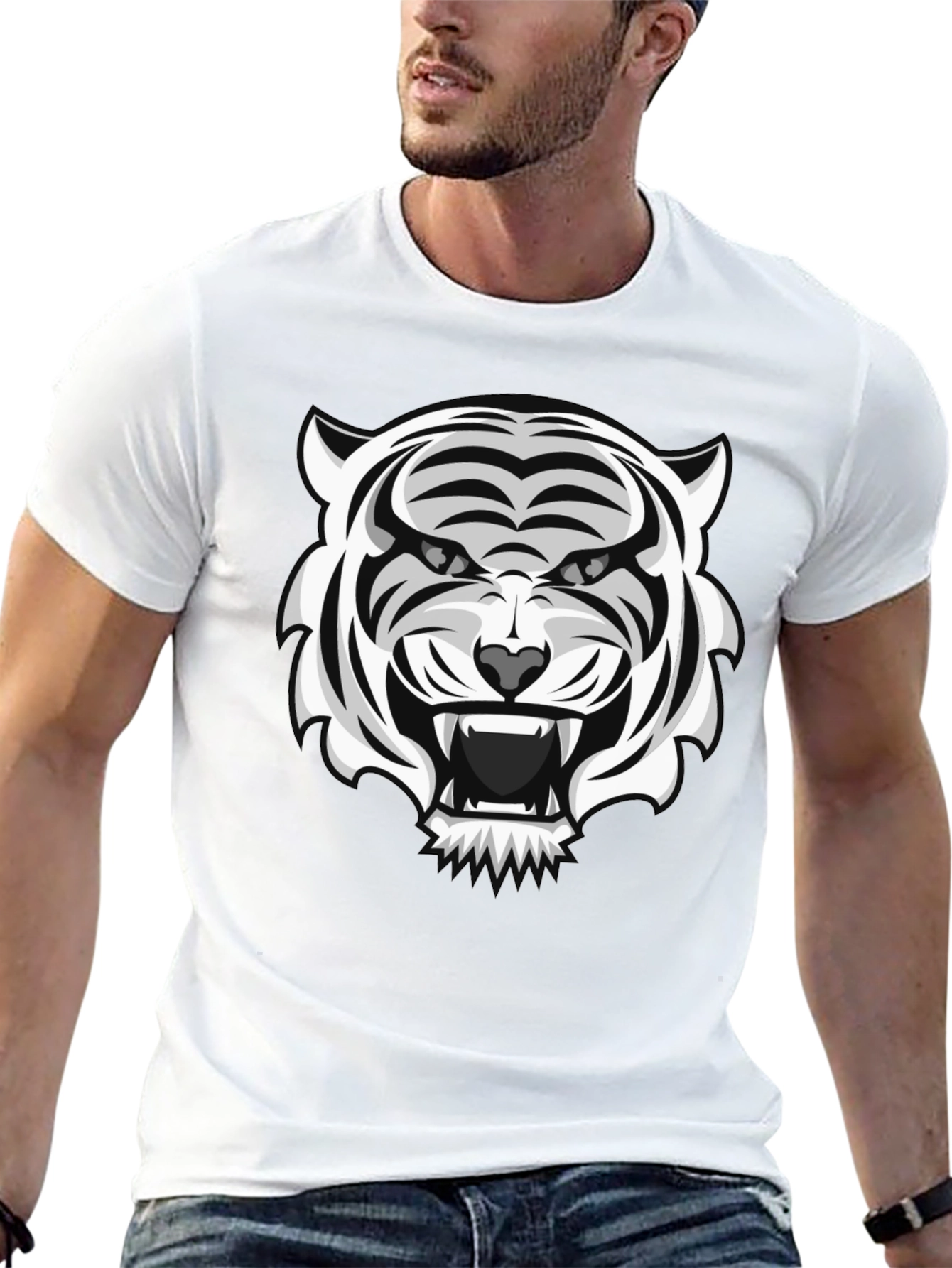 White Tiger Graphic Print Black T-Shirt