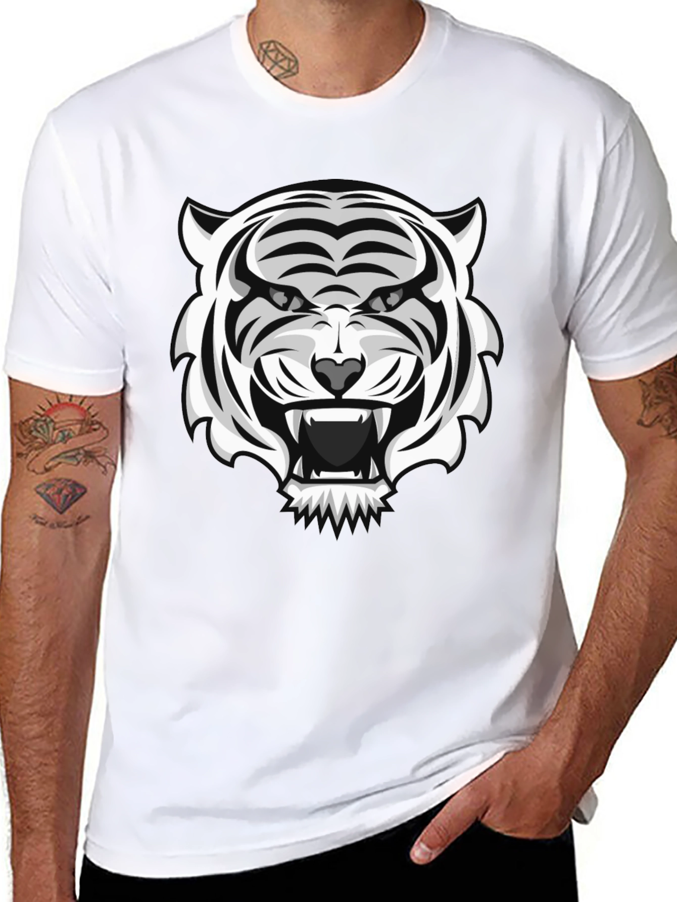 White Tiger Graphic Print Black T-Shirt
