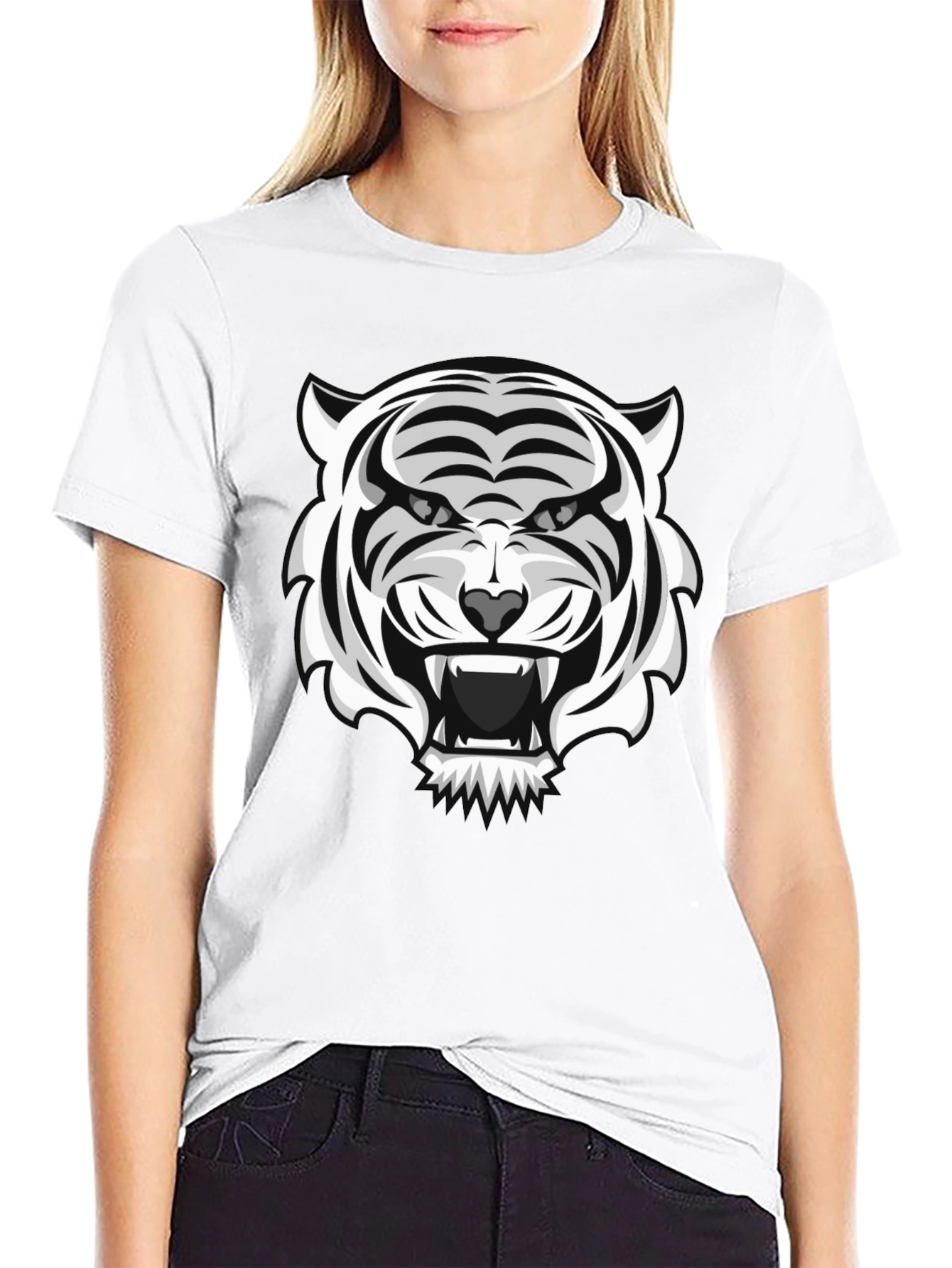 White Tiger Graphic Print Black T-Shirt