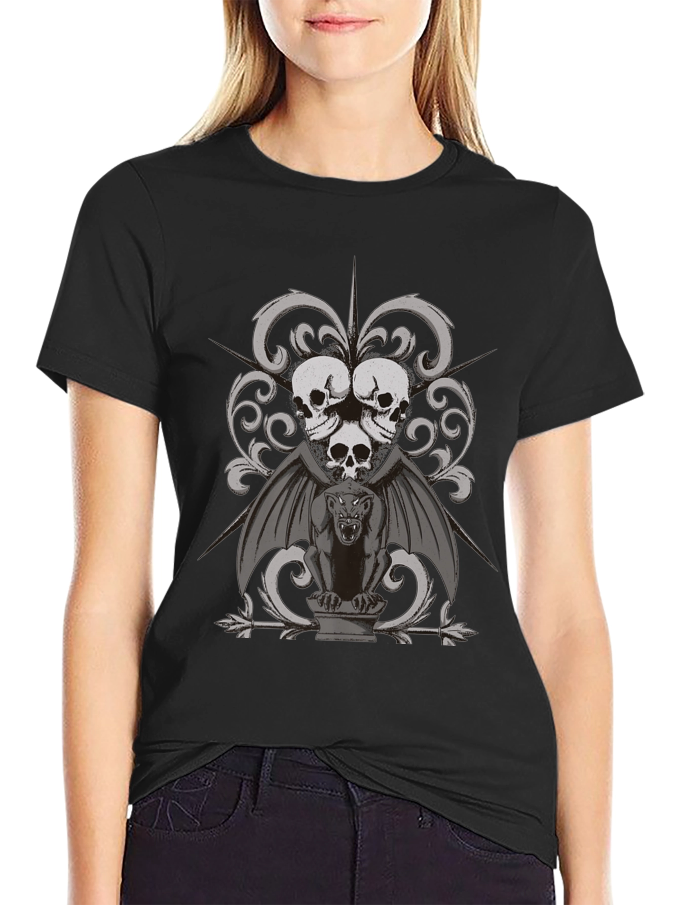 Gothic Skull & Gargoyle Graphic Tee - Dark Style