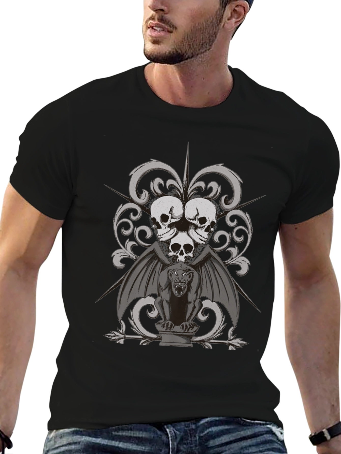Gothic Skull & Gargoyle Graphic Tee - Dark Style
