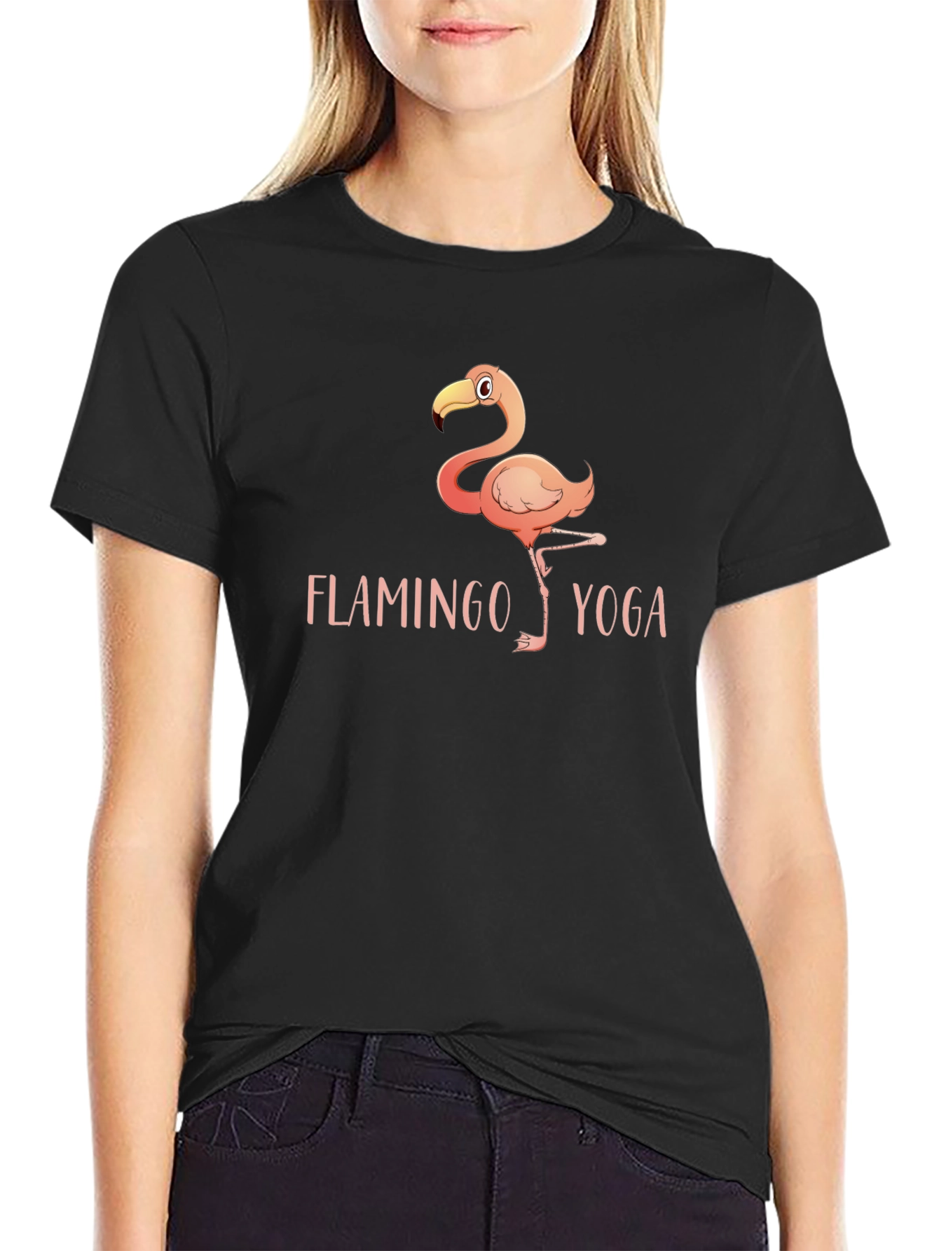 Flamingo Yoga Graphic Tee - Black Cotton T-Shirt