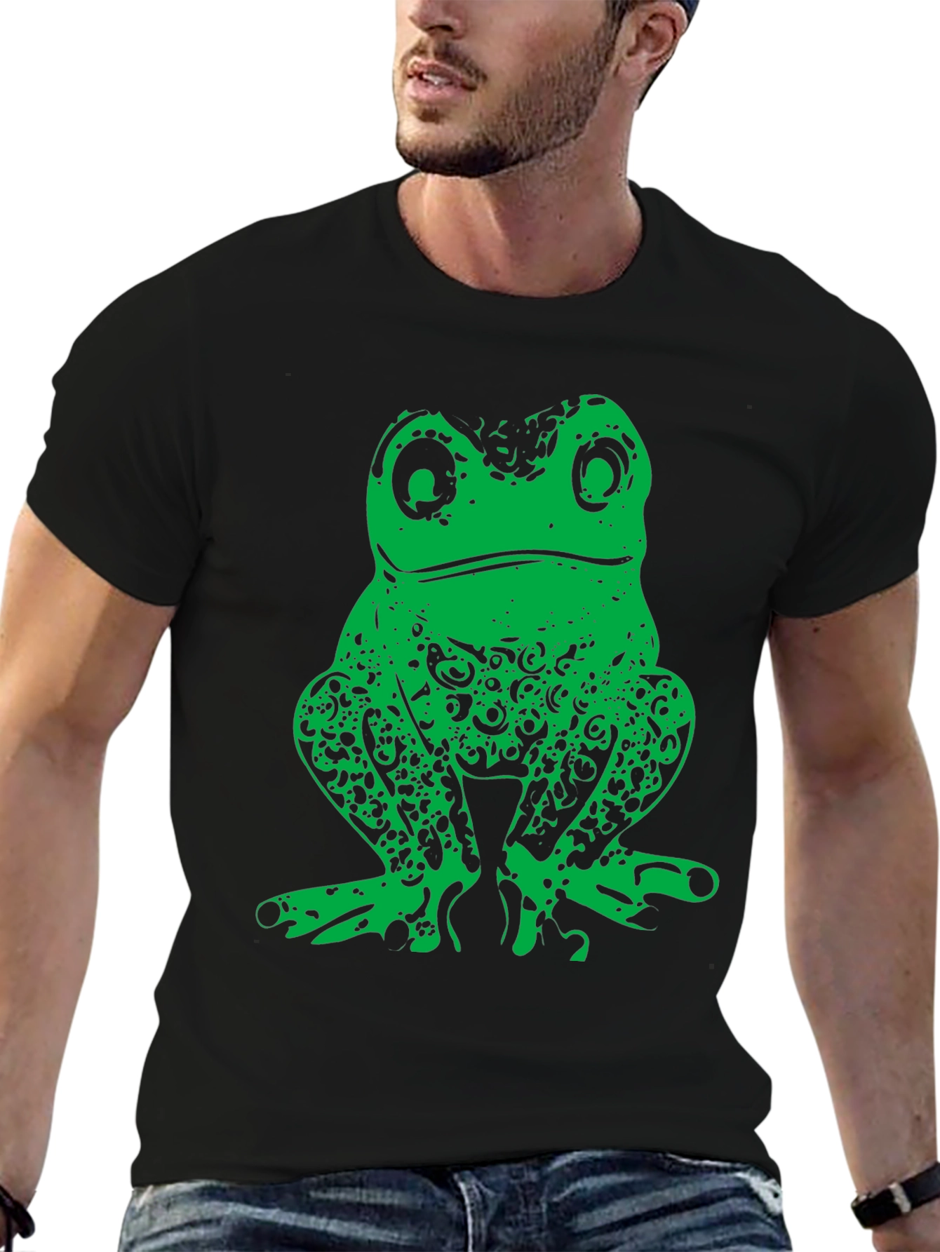 Green Frog Graphic Print Black T-Shirt