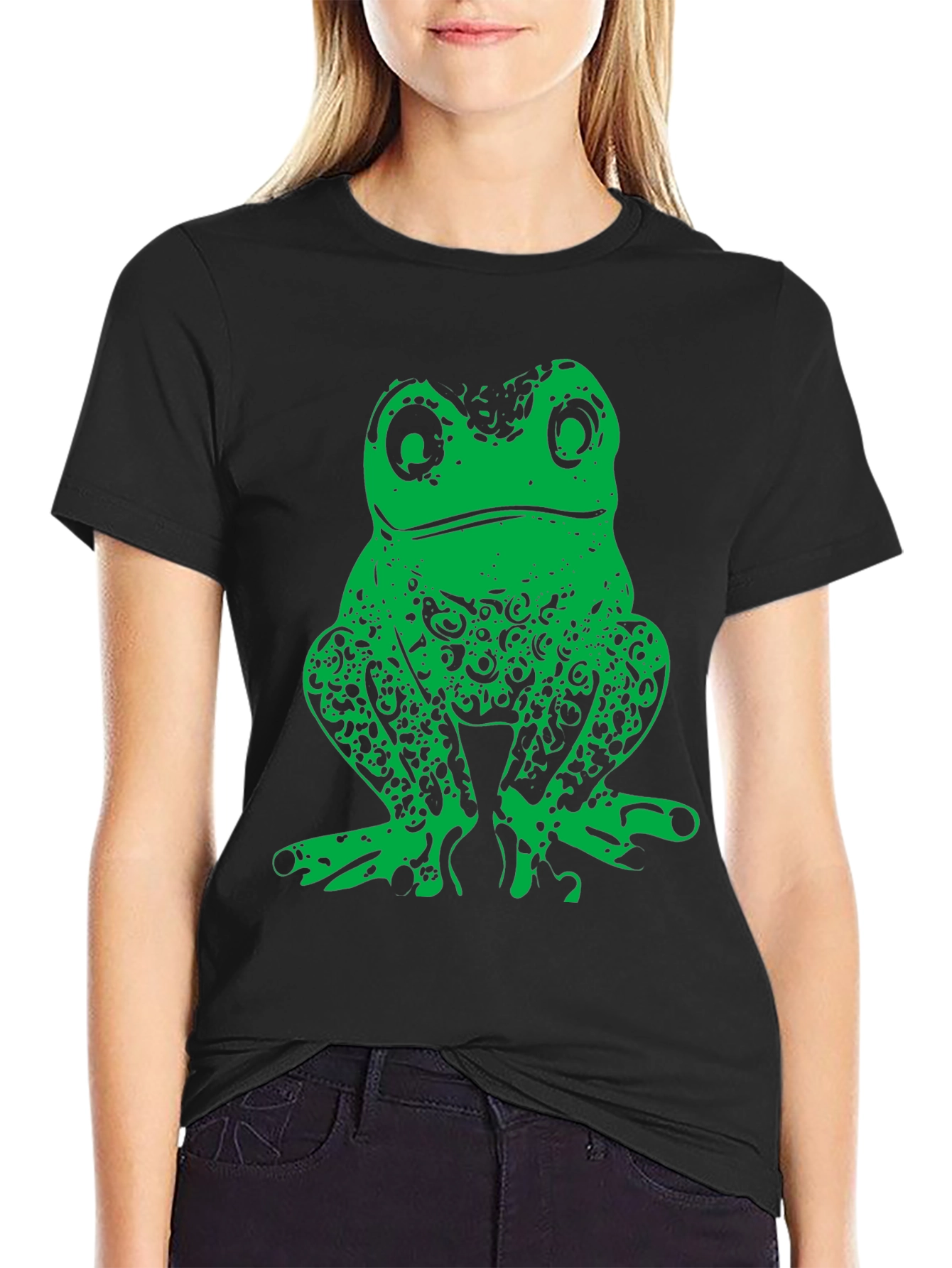 Green Frog Graphic Print Black T-Shirt