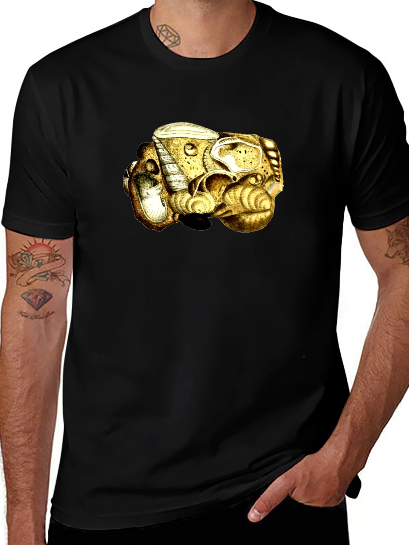 Abstract Golden Sea Shell Art Black T-Shirt