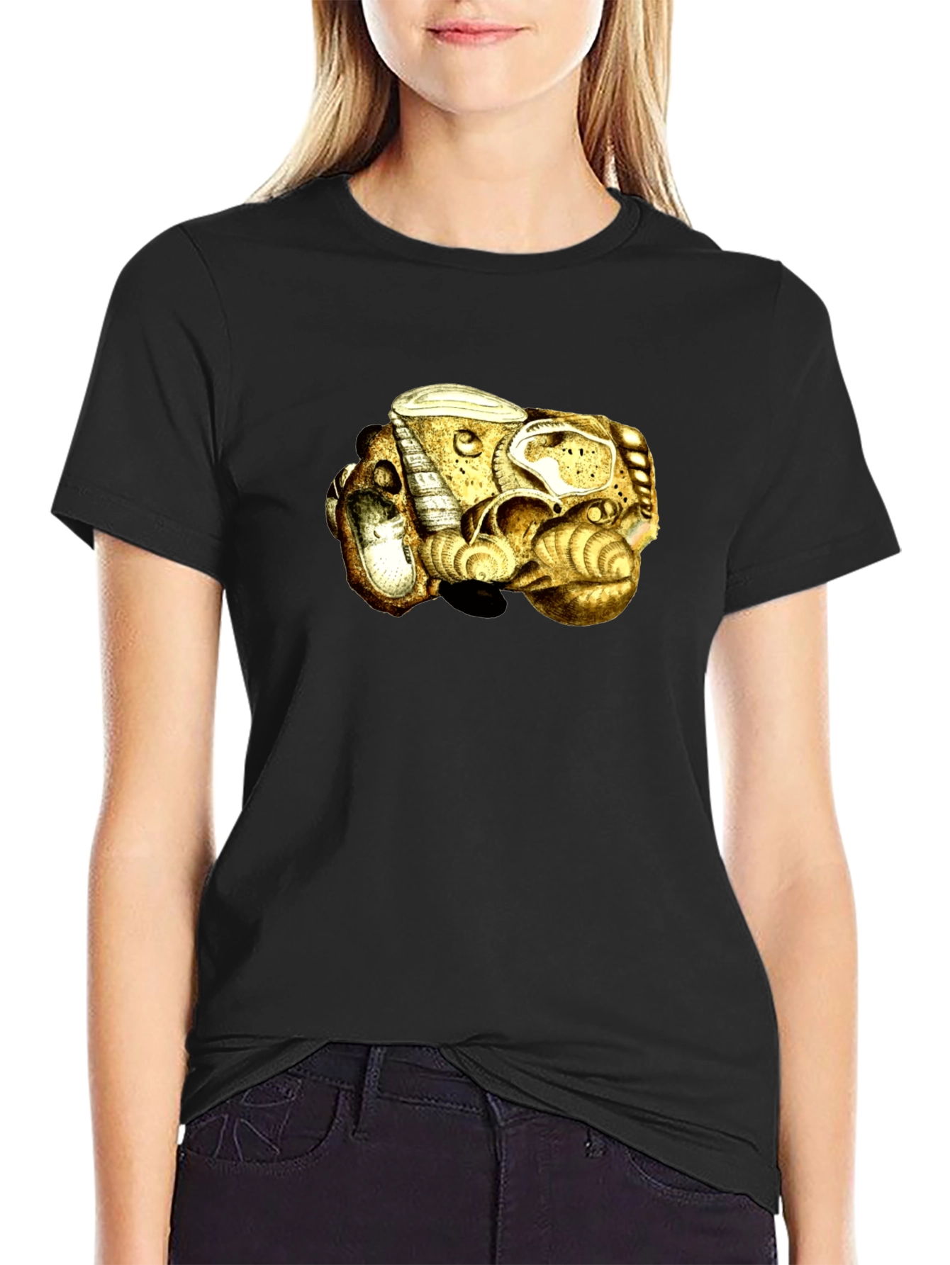 Abstract Golden Sea Shell Art Black T-Shirt