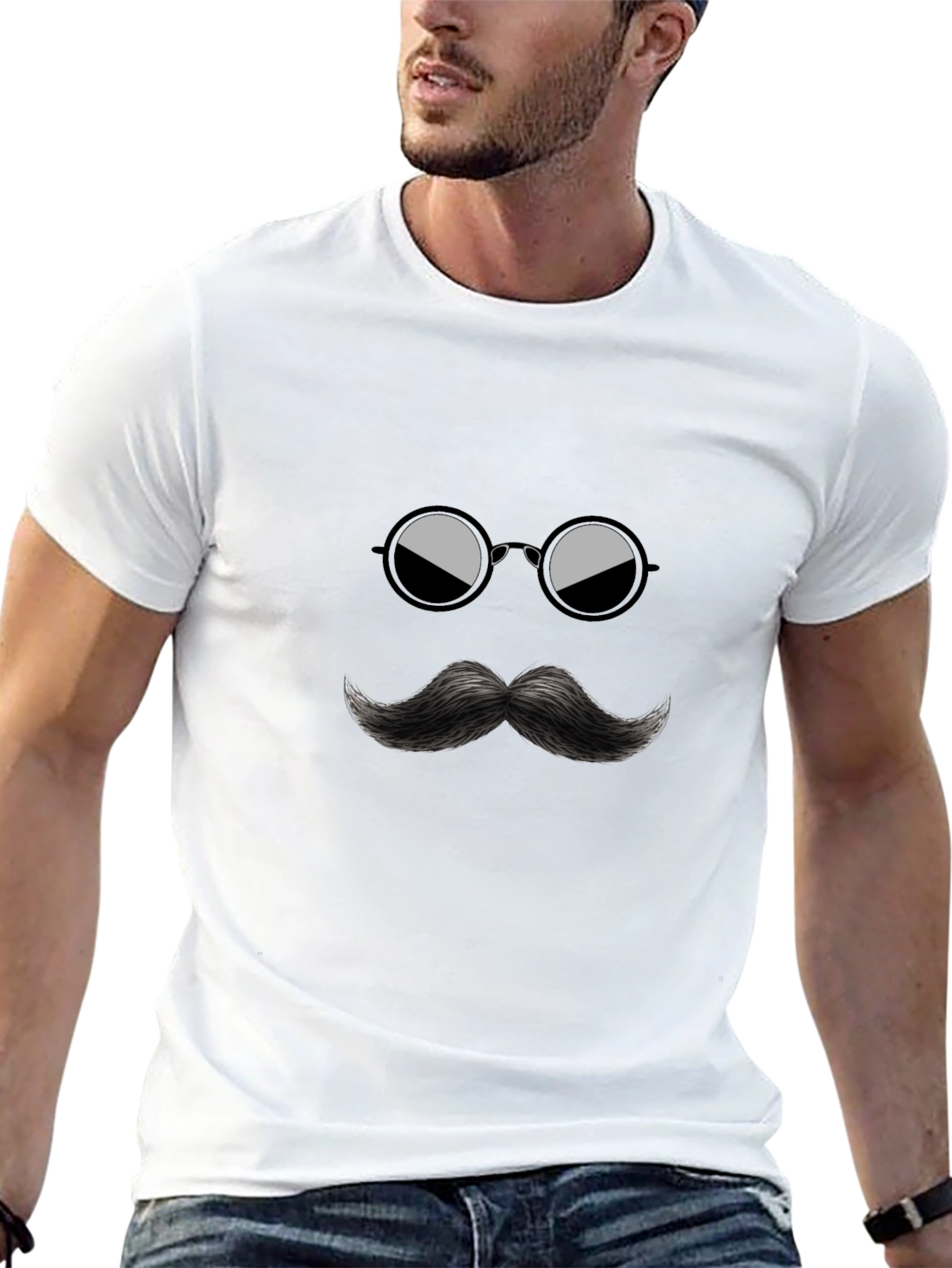 Cool Mustache & Glasses Graphic Black Tee