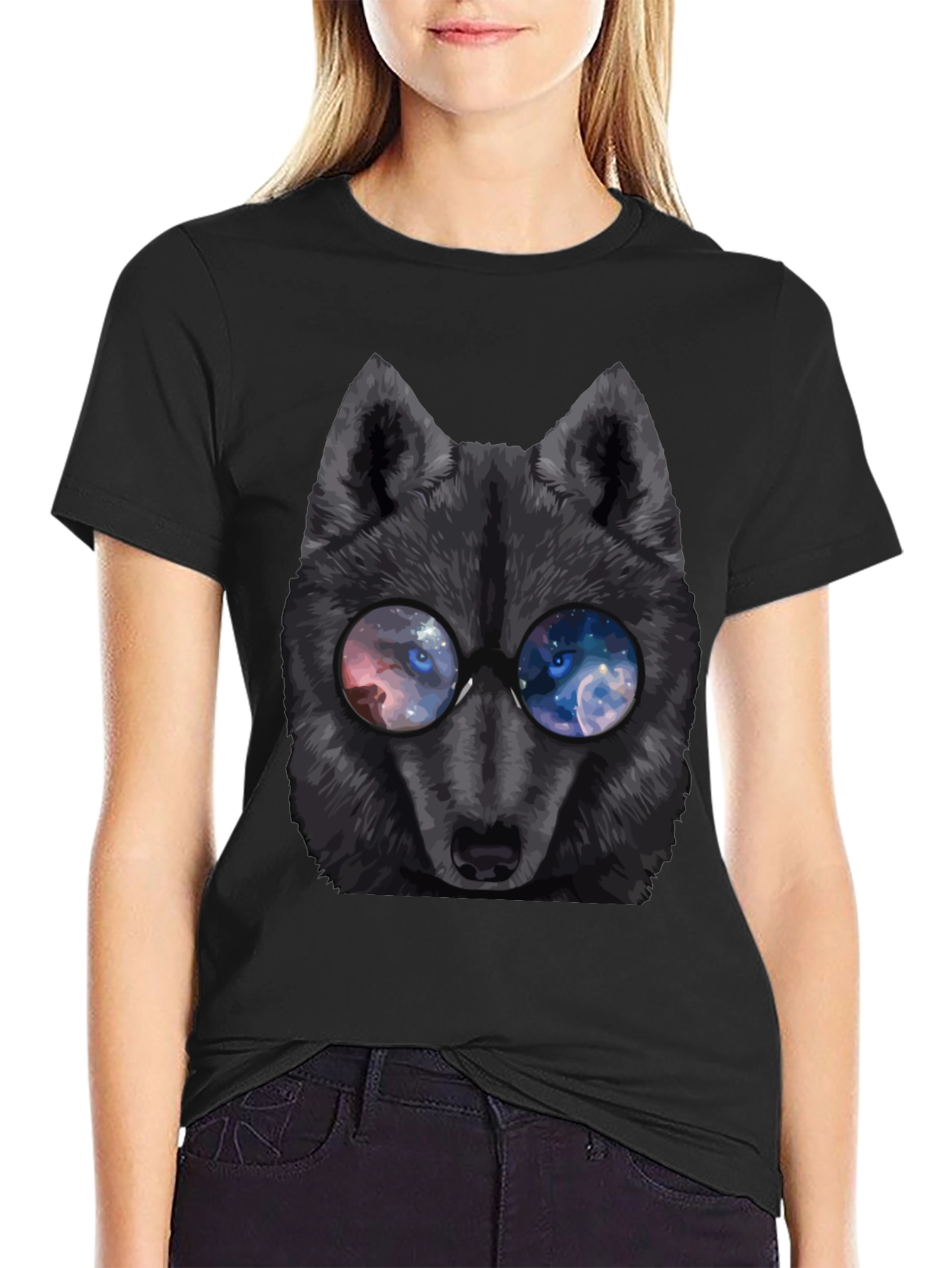Wolf with Galaxy Eyes T-Shirt - Mens Black Tee