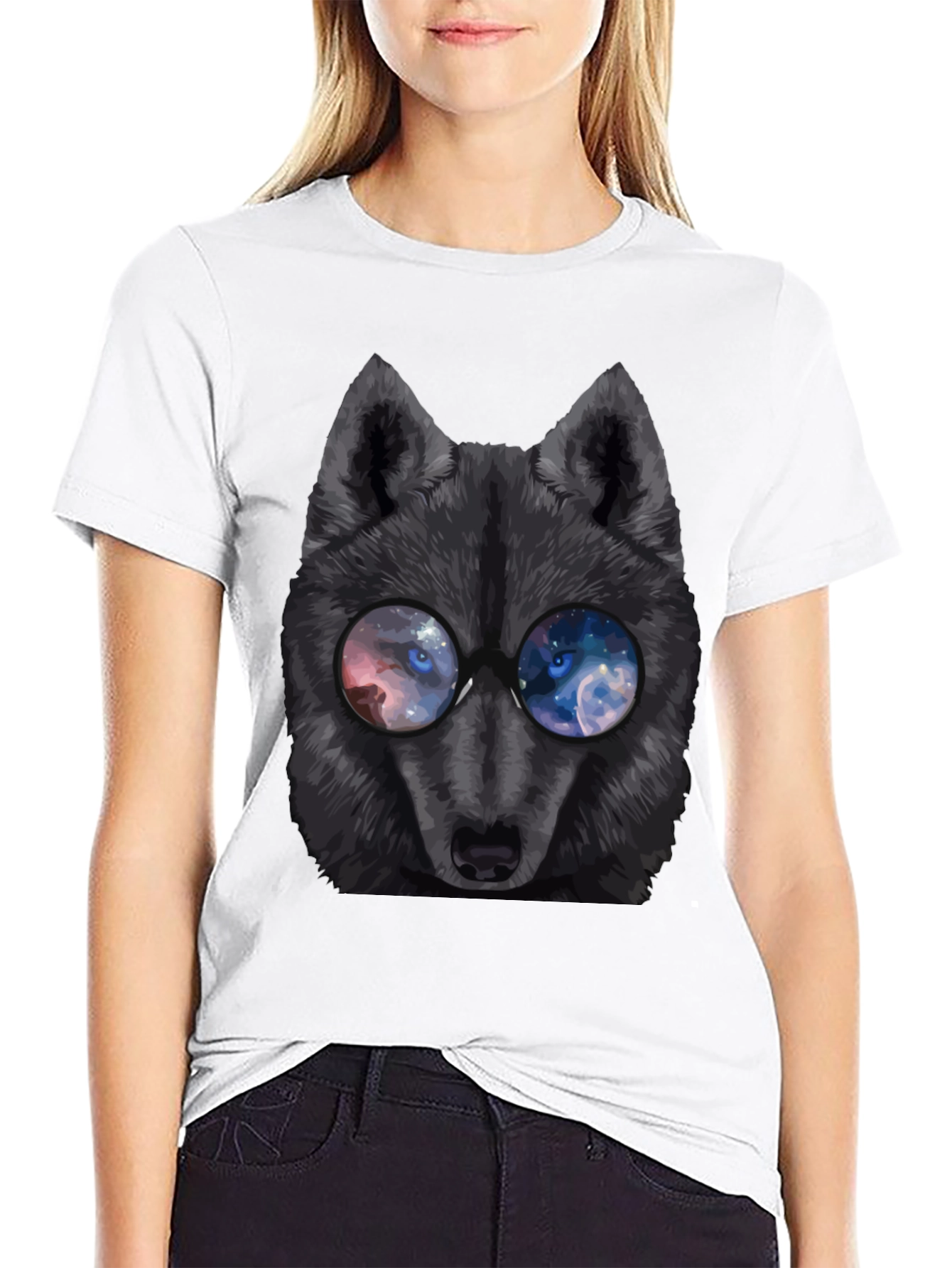 Wolf with Galaxy Eyes T-Shirt - Mens Black Tee
