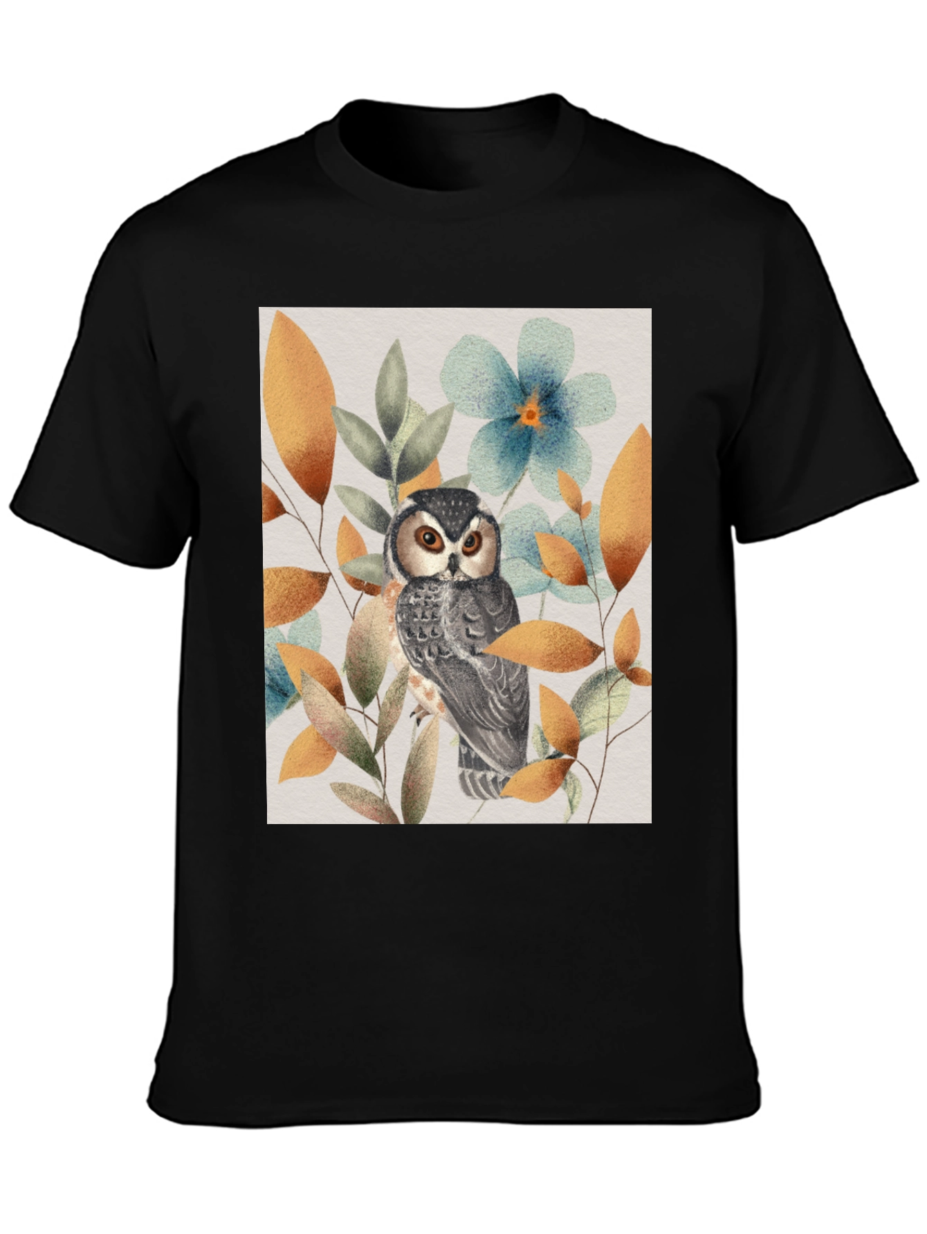 Owl and Floral Print Black T-Shirt