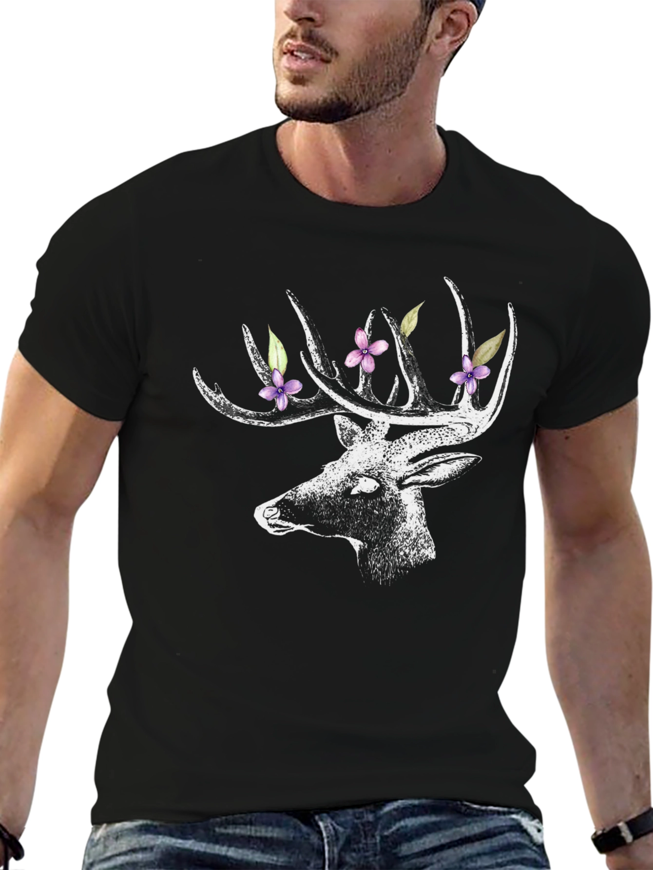 Deer with Floral Antlers Graphic Tee