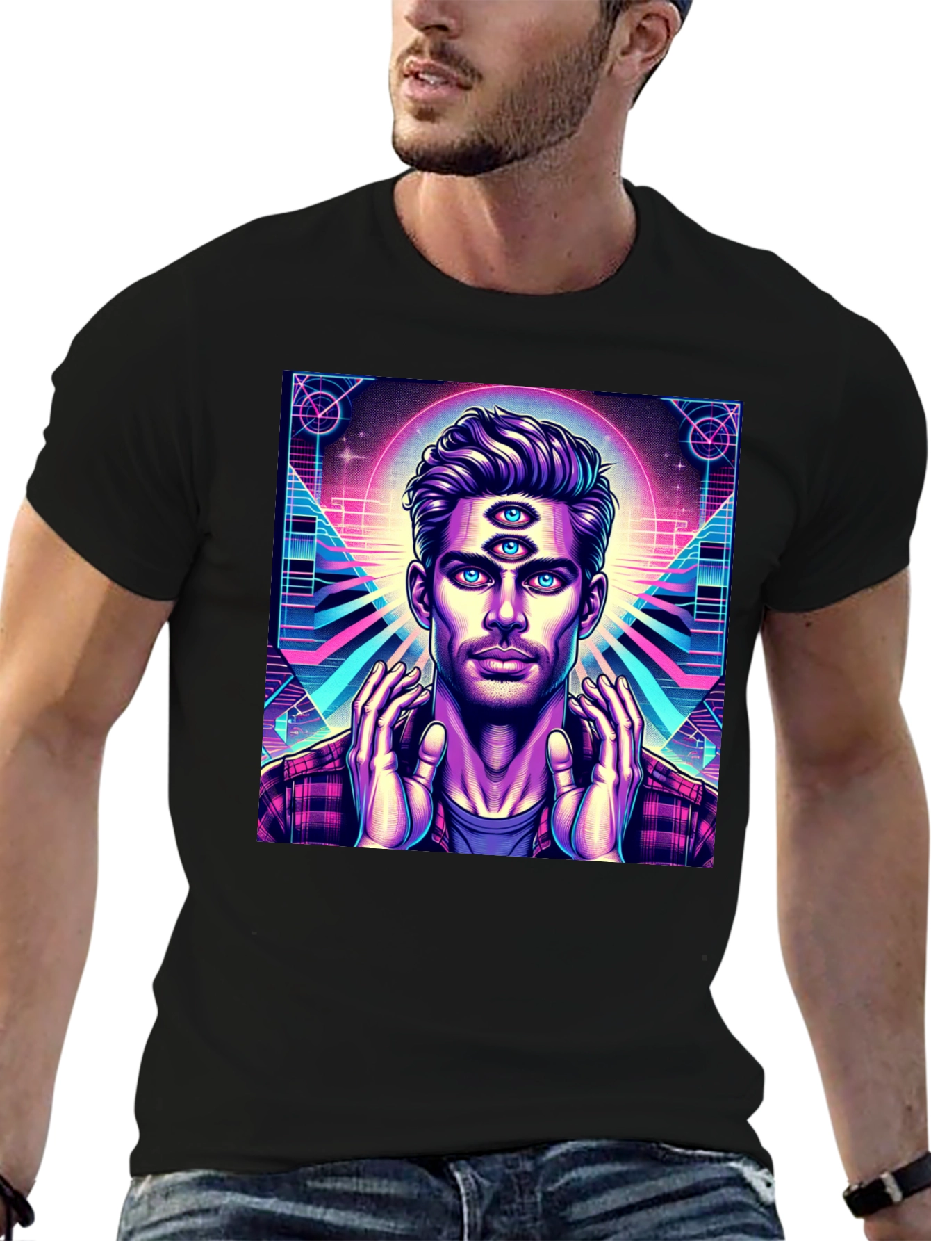 Third Eye Man Graphic Tee - Black Cotton Shirt