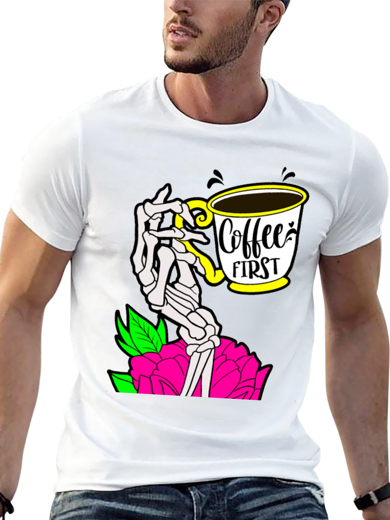 Coffee First Skeleton Hand Graphic Tee - Black