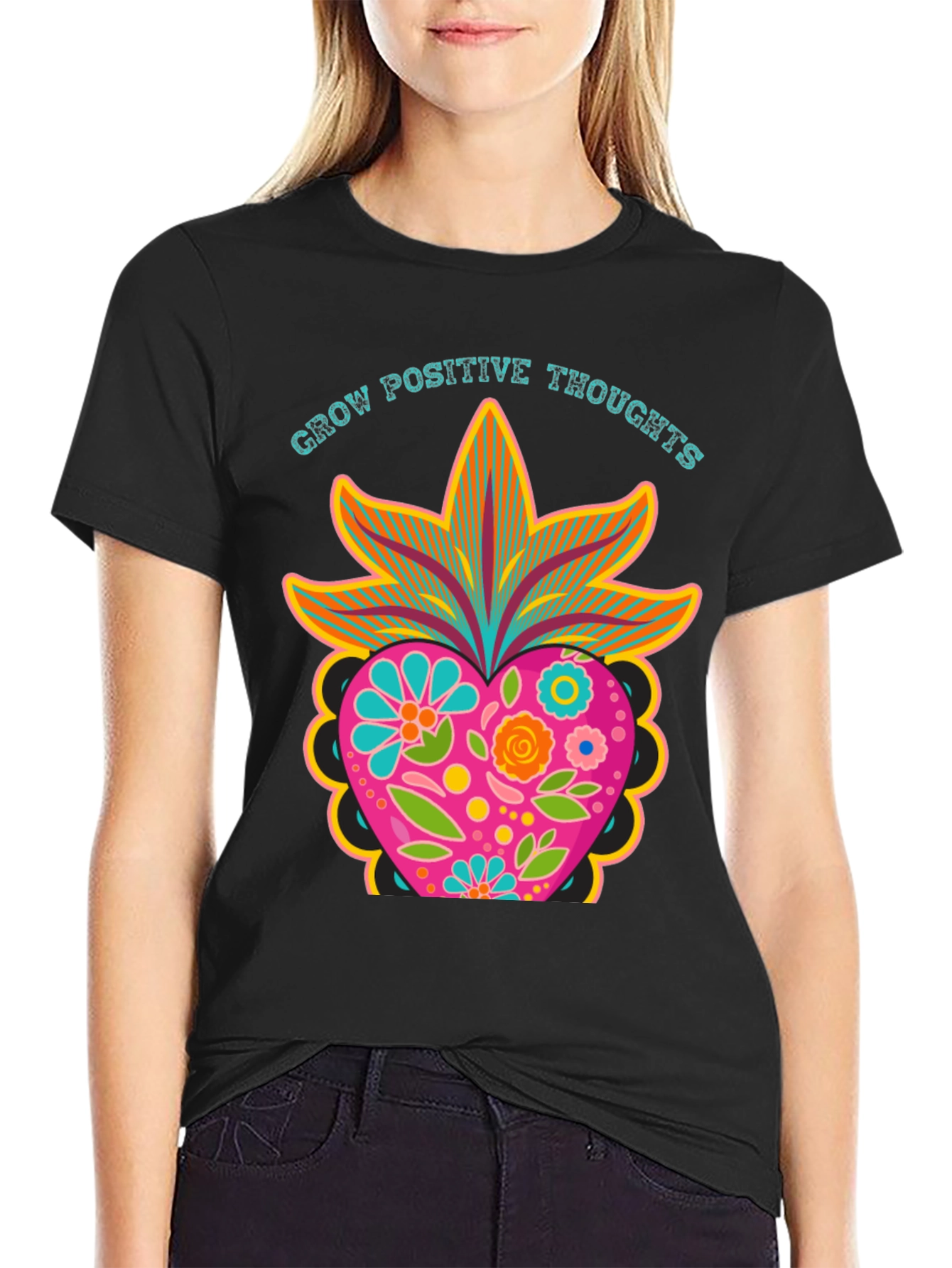 Grow Positive Thoughts Black Graphic Tee