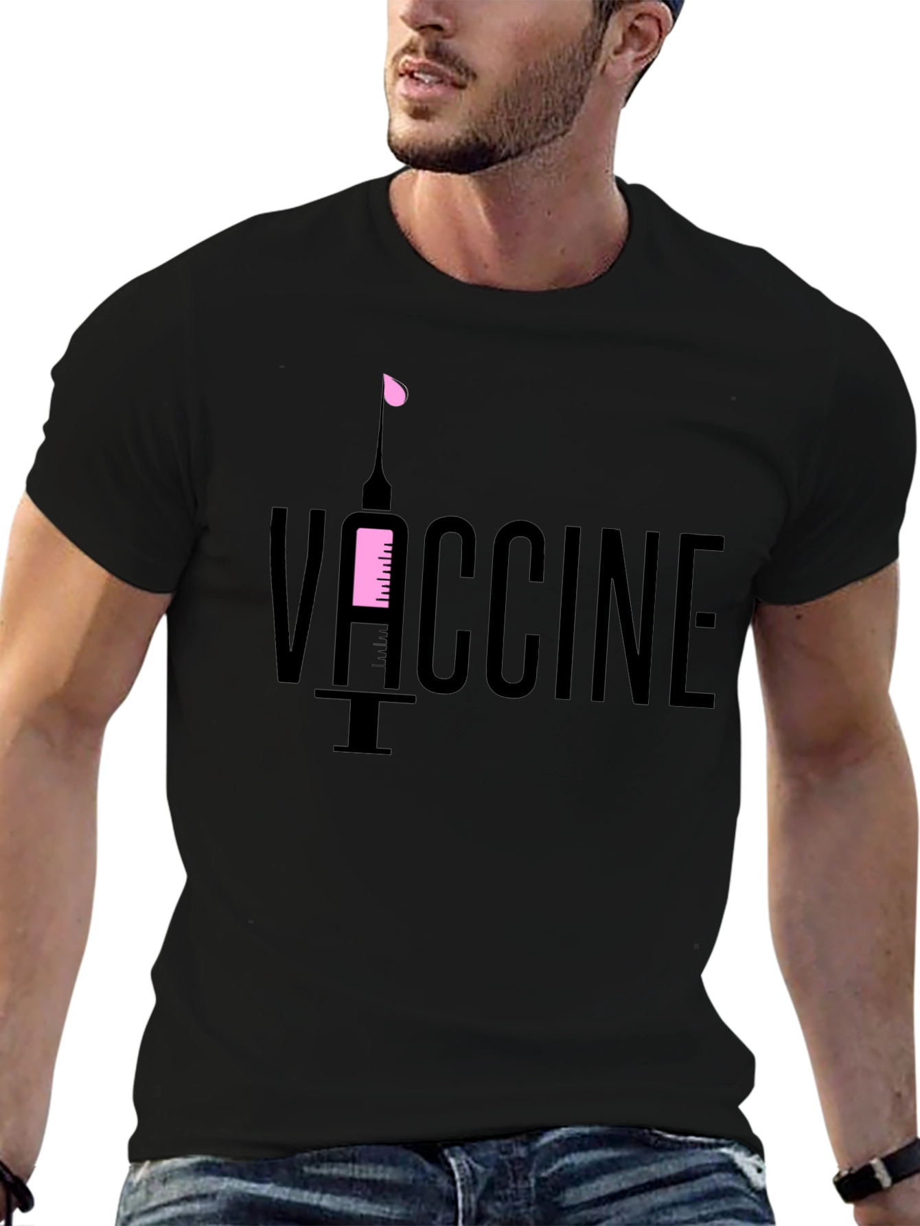 Vaccine T-Shirt - Black Cotton Tee with Syringe Design