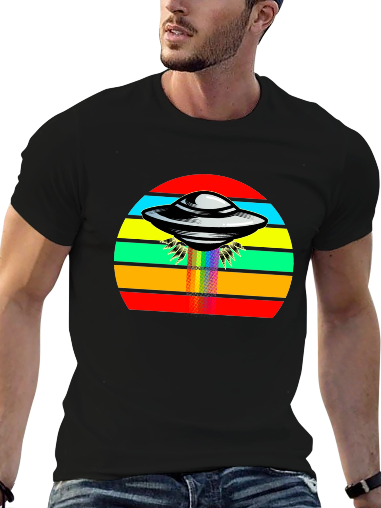 Retro UFO Rainbow T-Shirt - Black Tee