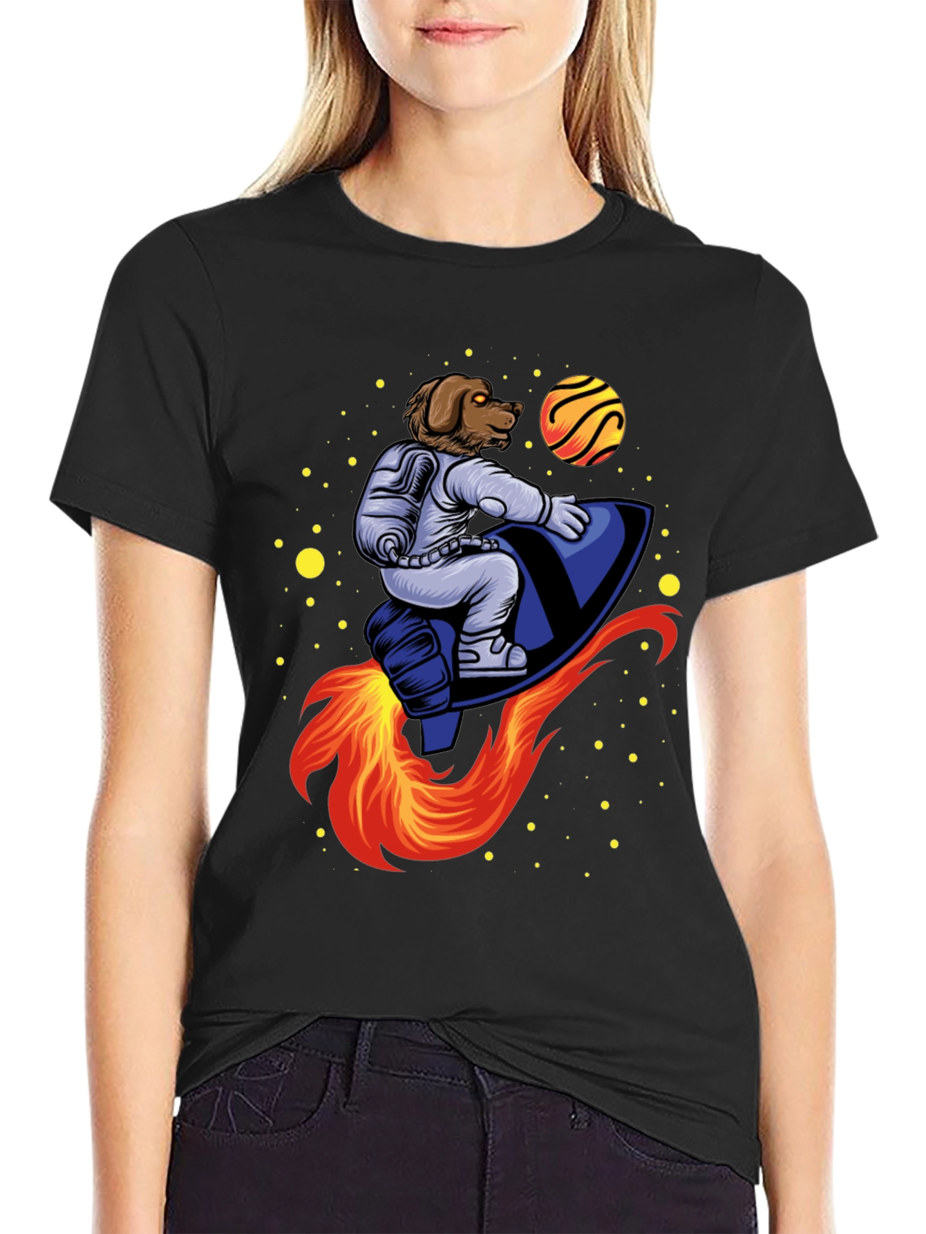 Dog Astronaut Rocket T-Shirt - Black