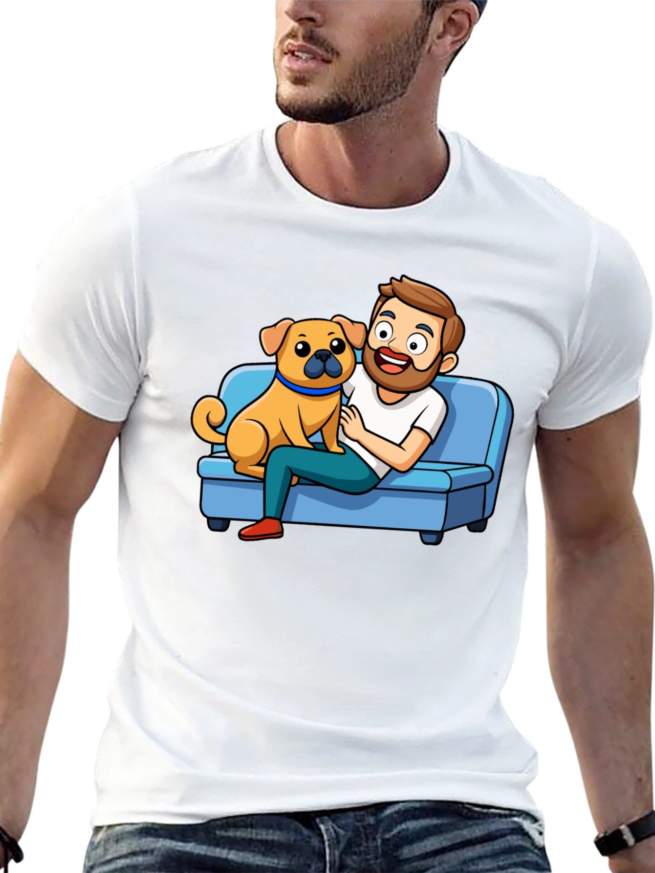 Mans Black T-Shirt: Cartoon Man & Dog Graphic