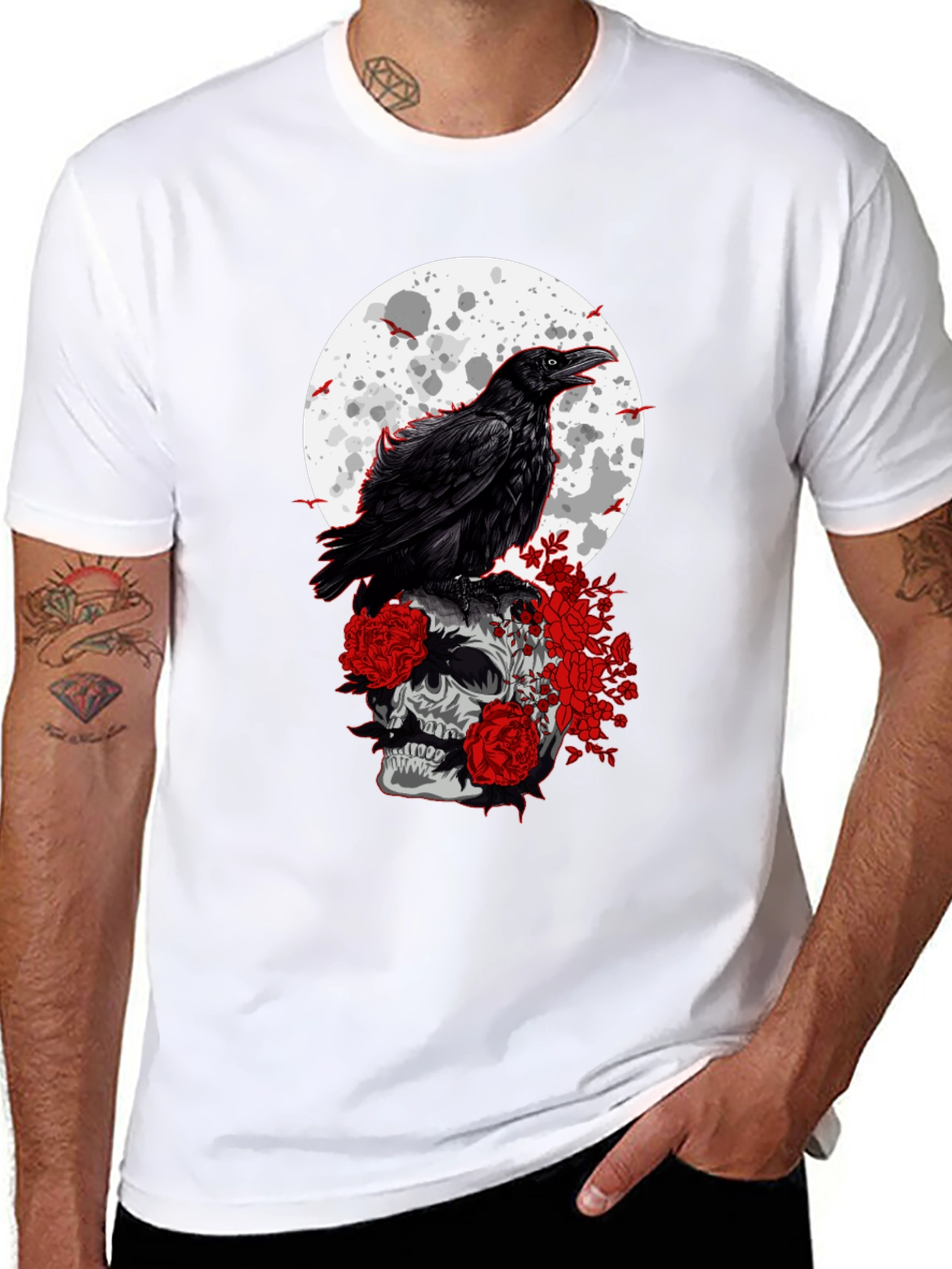 Raven Skull Moon Graphic Tee - Gothic Style