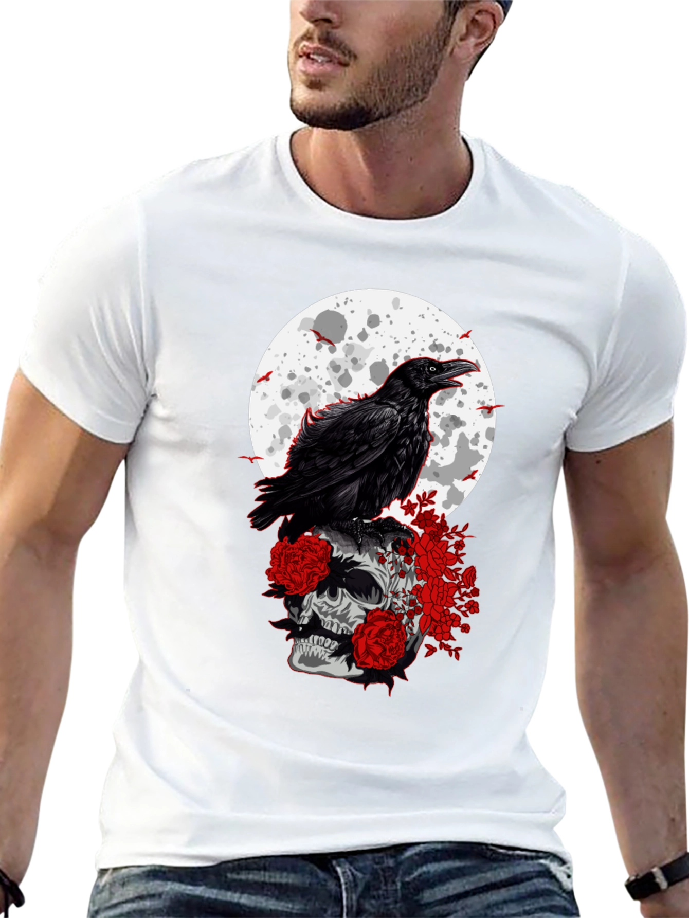 Raven Skull Moon Graphic Tee - Gothic Style