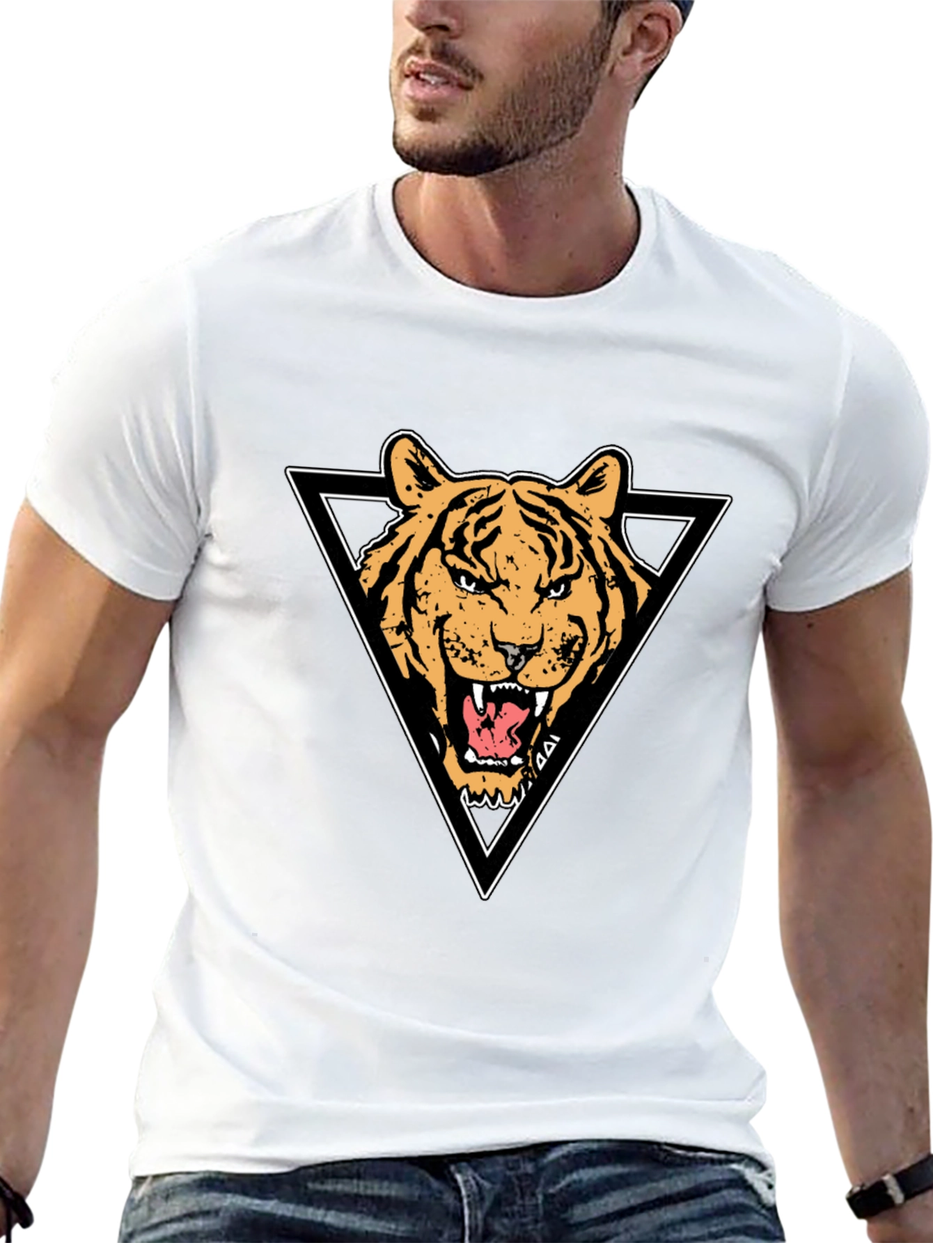 Tiger Triangle Graphic Print Black T-Shirt