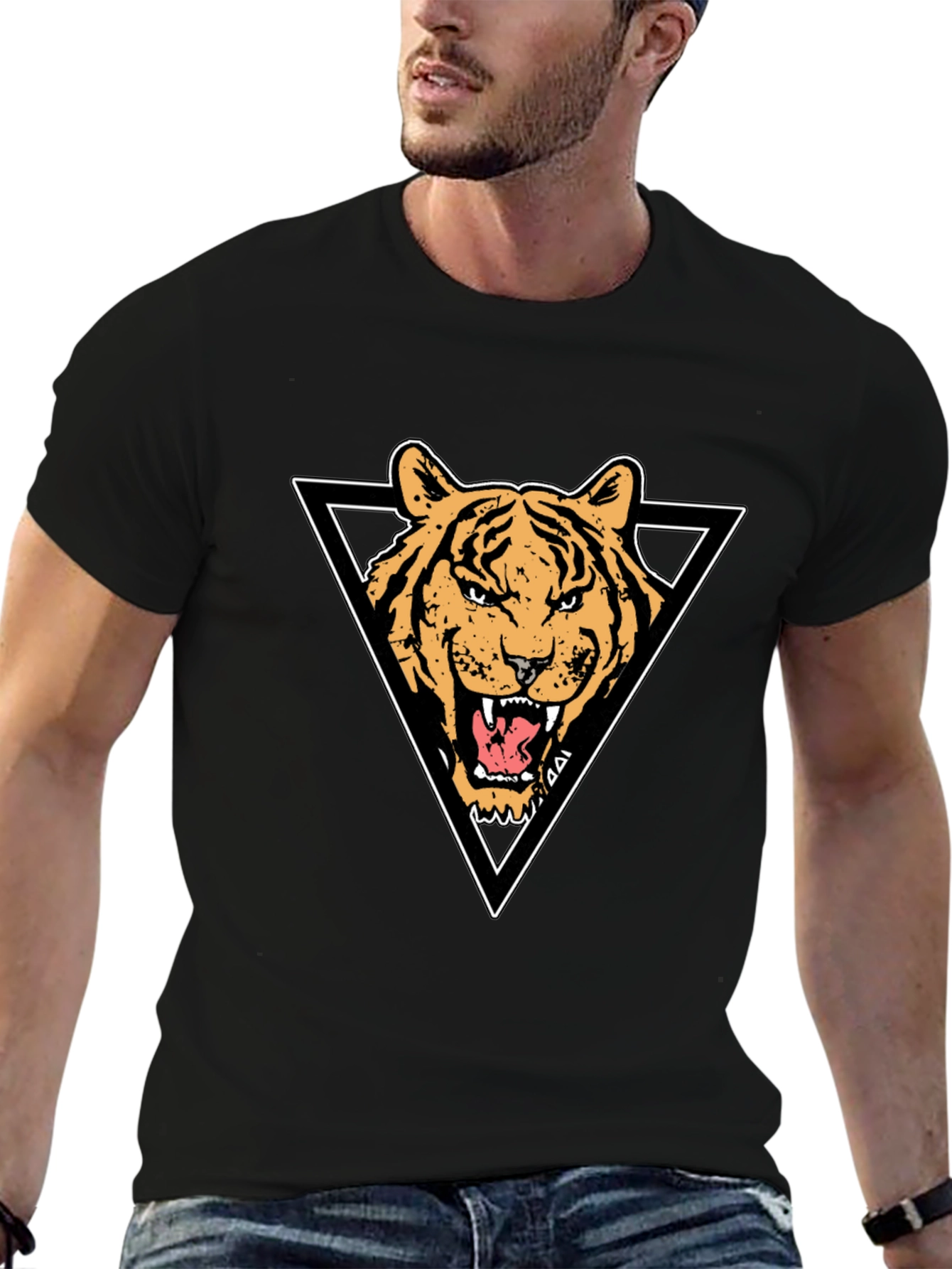 Tiger Triangle Graphic Print Black T-Shirt