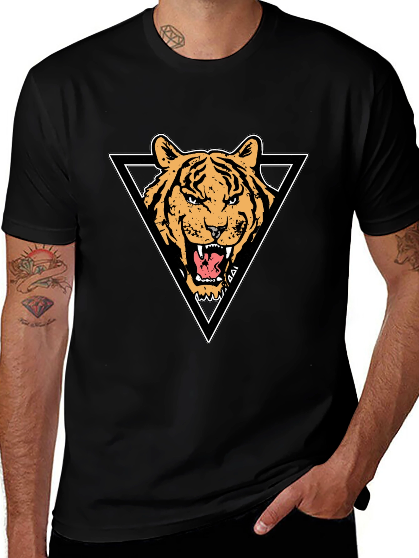 Tiger Triangle Graphic Print Black T-Shirt